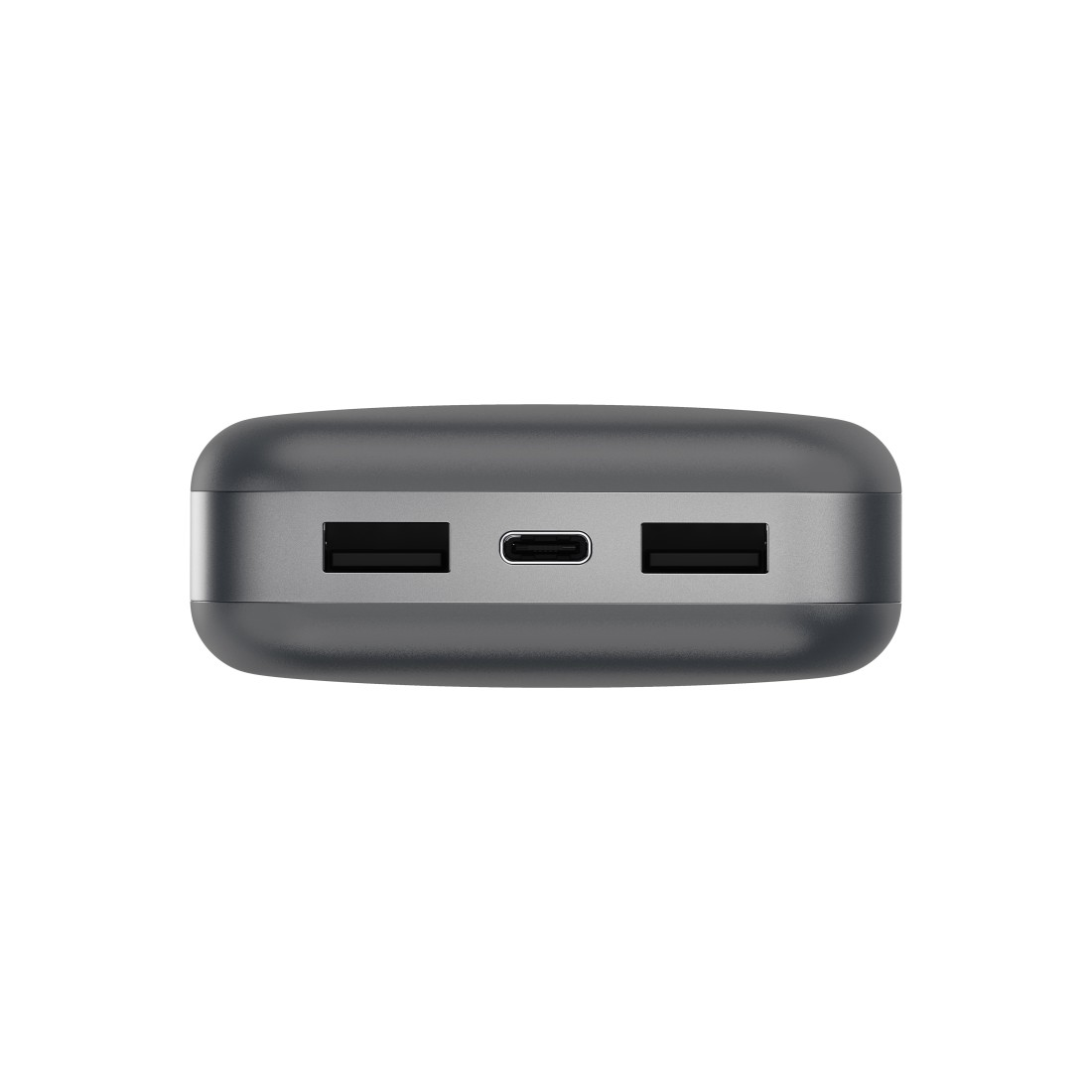 Grauer Powerbank mit zwei USB-A- und einem USB-C-Anschluss.
