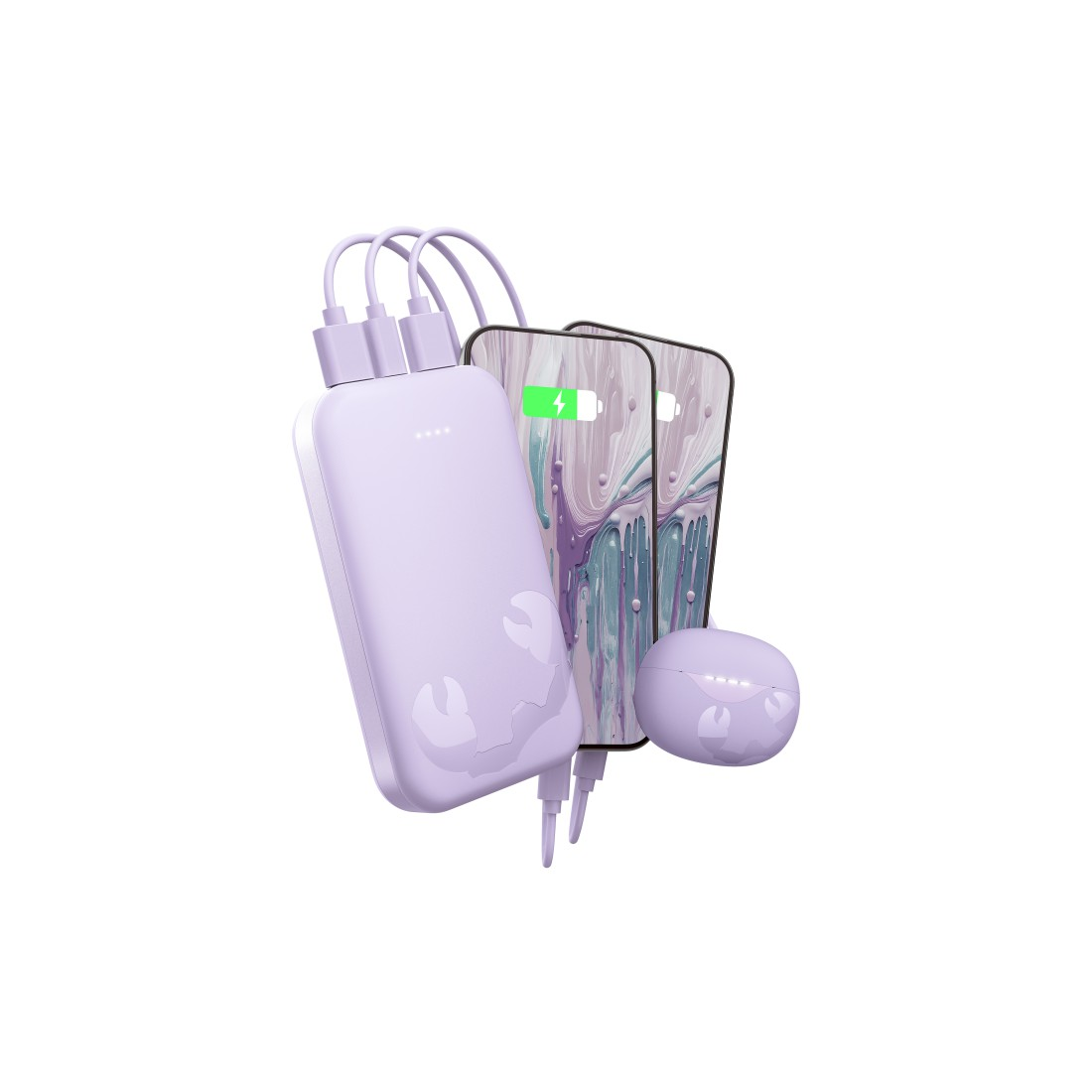 Lila Powerbank mit Krabbendesign, lädt zwei Handys und Ohrhörer.