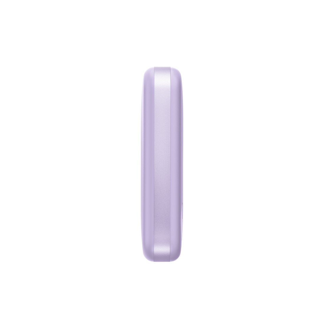 Ein lila Powerbank auf weißem Hintergrund, vertikal positioniert.
