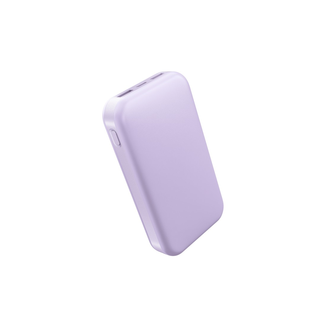 Ein lavendelfarbener Powerbank mit weißen Anschlüssen auf weißem Hintergrund.