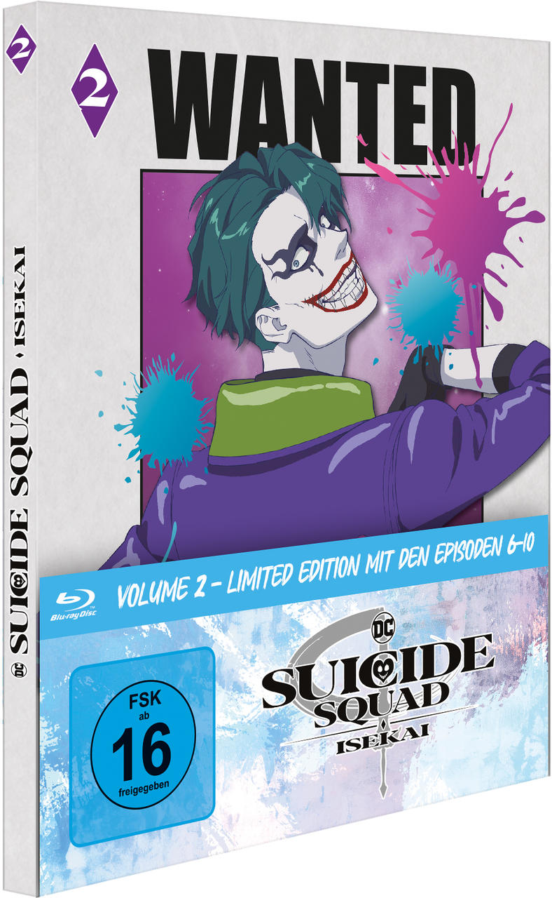 Suicide Squad Isekai Blu-ray Cover. Joker mit grünen Haaren, lila Jacke, lächelnd.