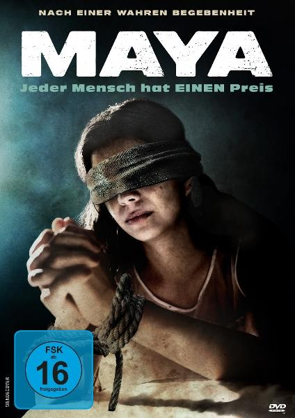Filmposter. Eine Frau mit Augenbinde und gefesselten Händen, in dunkler Umgebung.