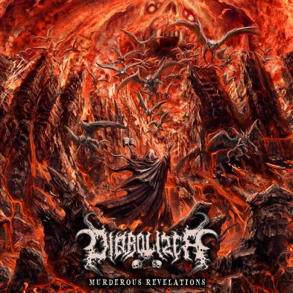 Albumcover. Diabolist, Murderous Revelations. Höllische Szene mit Dämonen, dunkle Gestalt, feuriger Hintergrund.