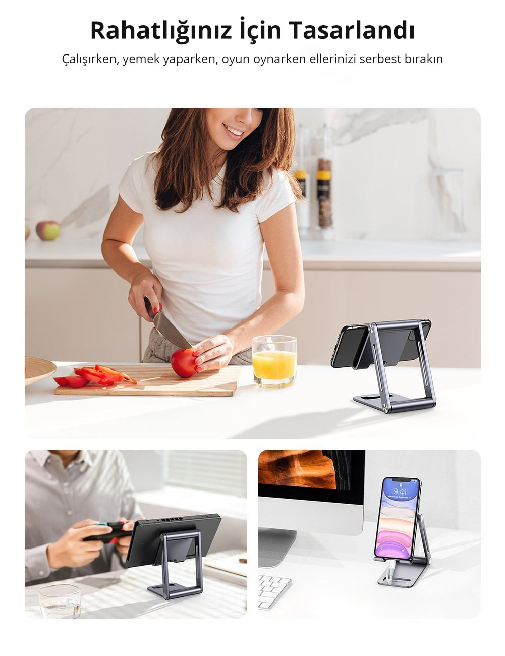 Bir kişi, telefon ve tablet tutan bir standın yanında domates kesiyor.
