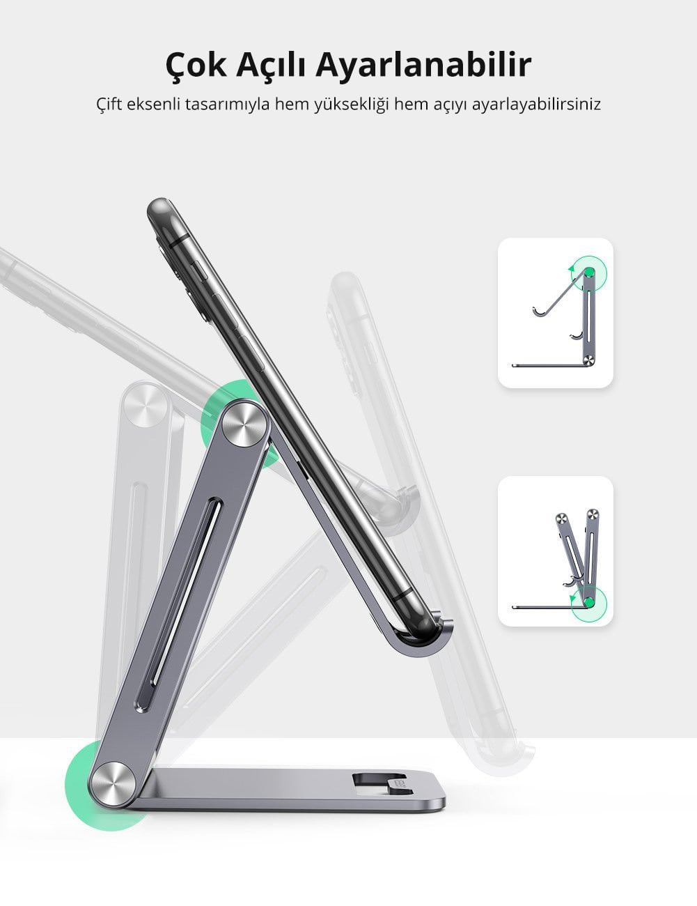 Bir telefon, ayar seçeneklerini gösteren diyagramlarla, ayarlanabilir bir stand üzerinde duruyor.