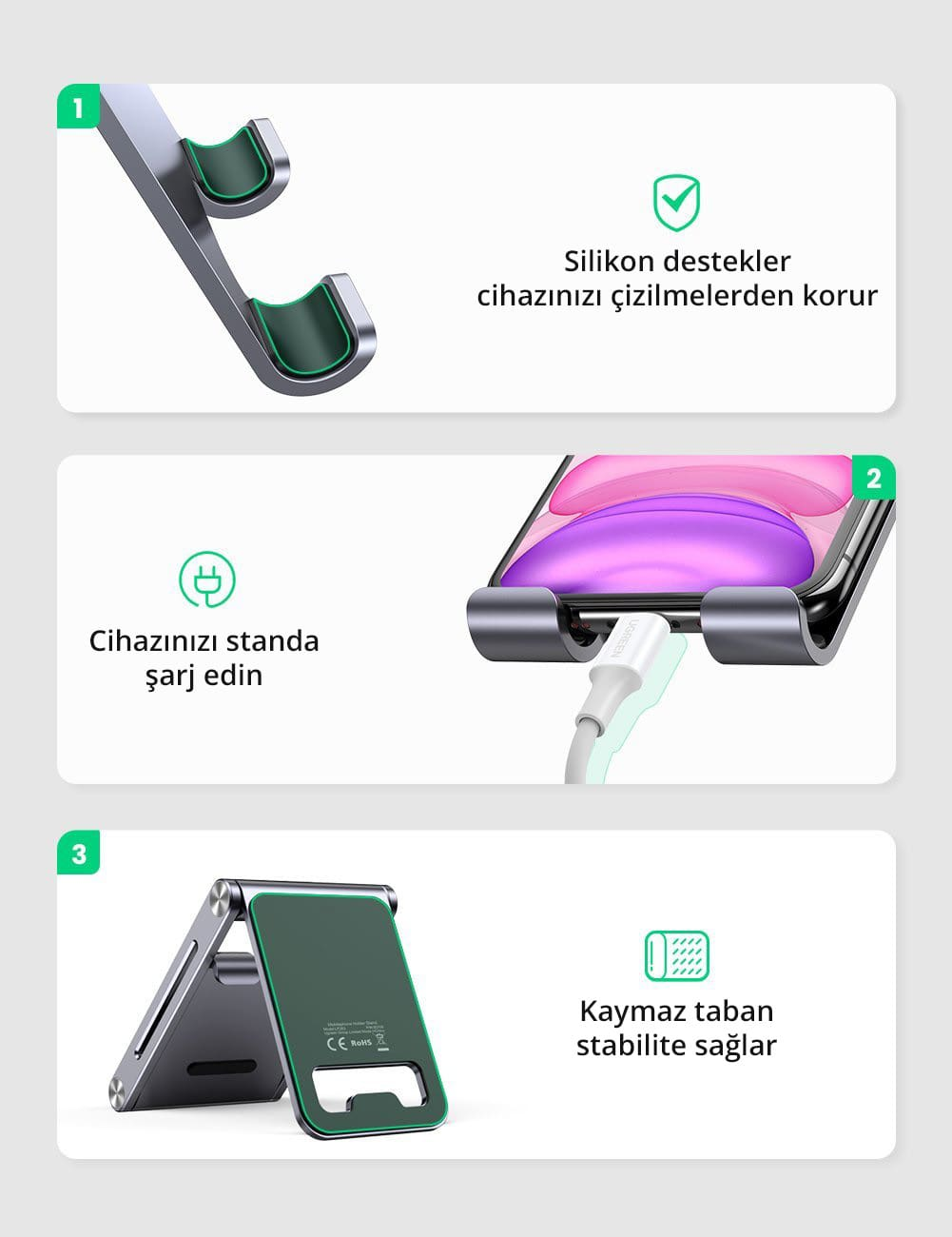Özelliklerini gösteren bir cep telefonu standı.