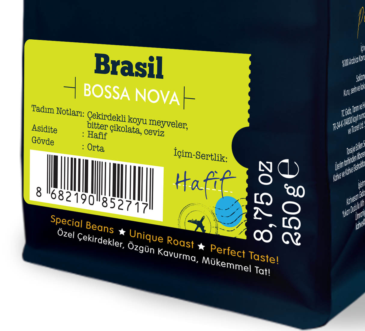 Bir kahve poşeti, Brasil, Bossa Nova ve tat notalarını gösteriyor. Etiket sarı ve yeşil.