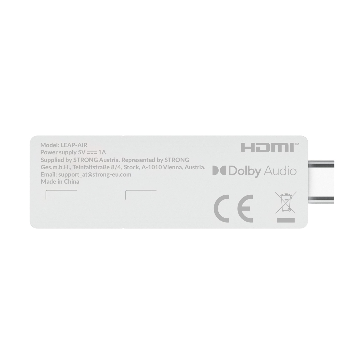 Etichetta bianca con testo tra cui HDMI, Dolby Audio e marchi CE.