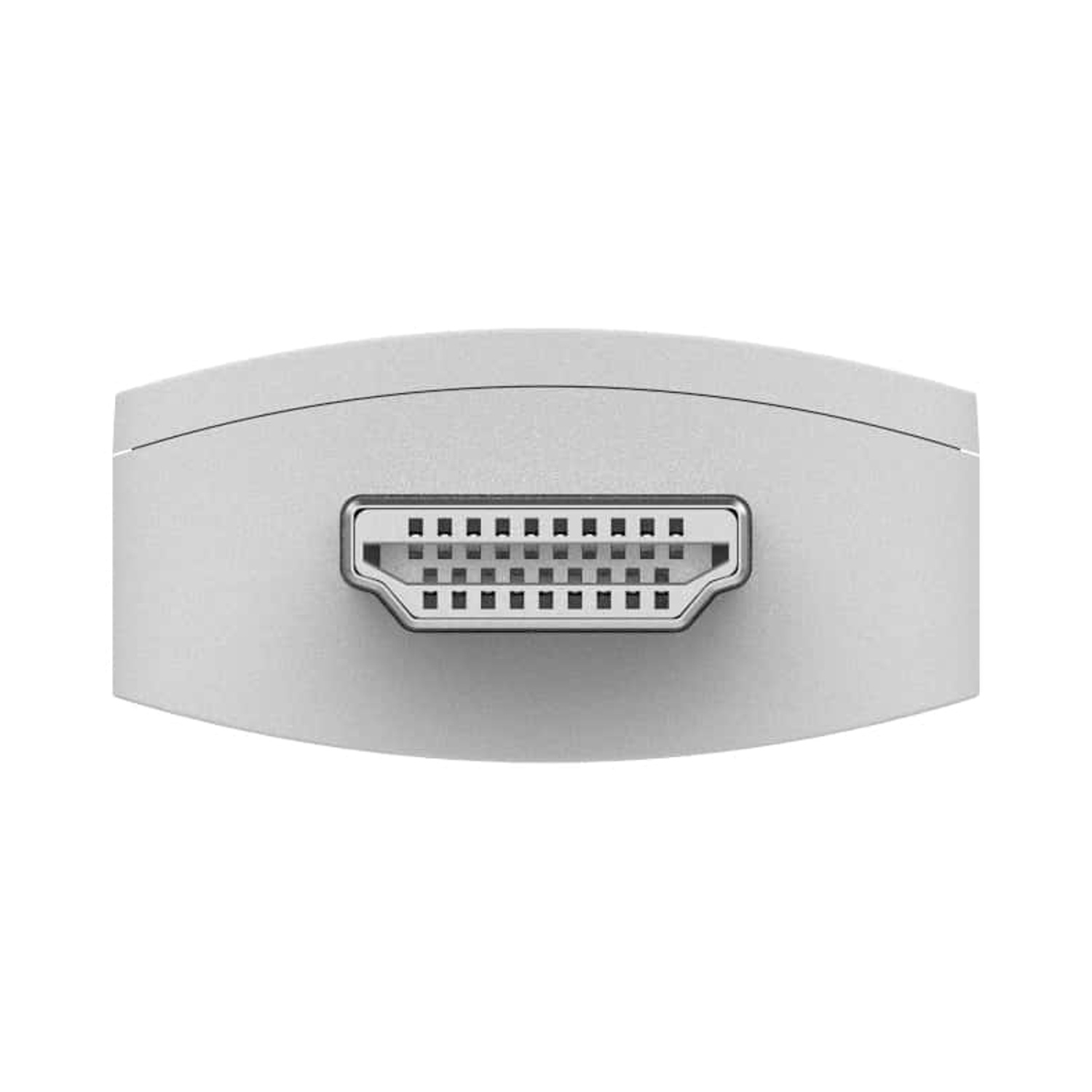 Porta HDMI, vista ravvicinata, colore argento, lato con molti piccoli fori.