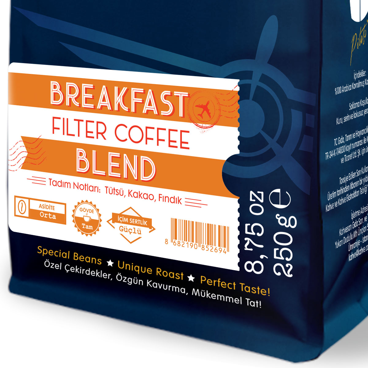 'Breakfast Filter Coffee Blend' yazılı ve marka adı bulunan kahve paketi.