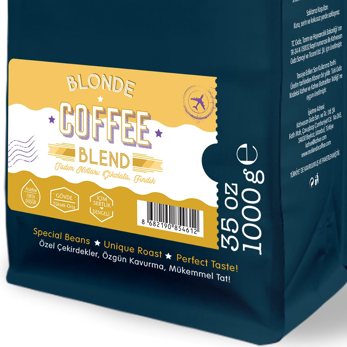 Metinli kahve karışımı ambalajı: 'Blonde Coffee Blend'.