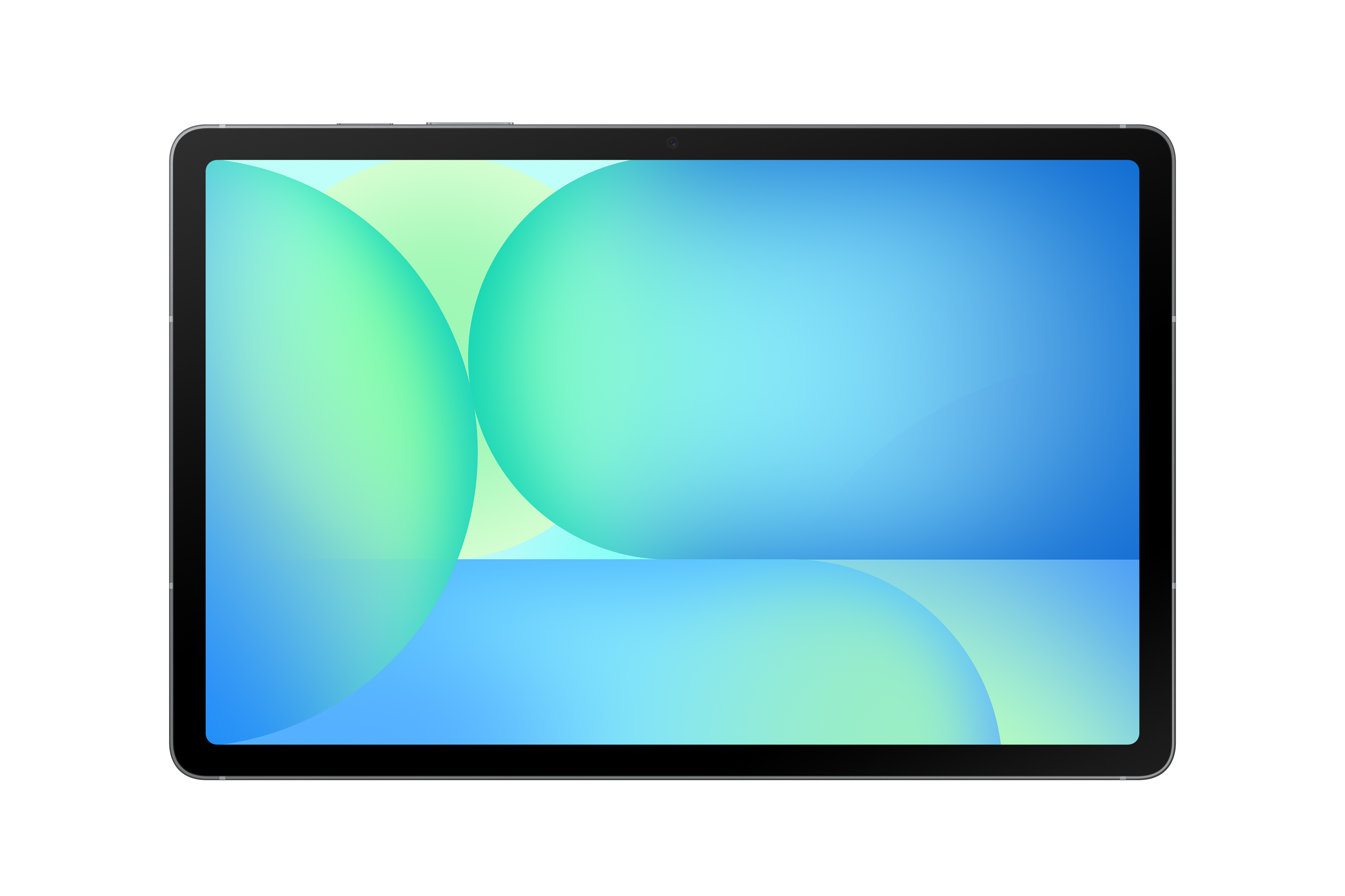 Ein Tablet-Gerät mit einem lebendigen abstrakten Design in Blau und Grün auf dem Bildschirm.