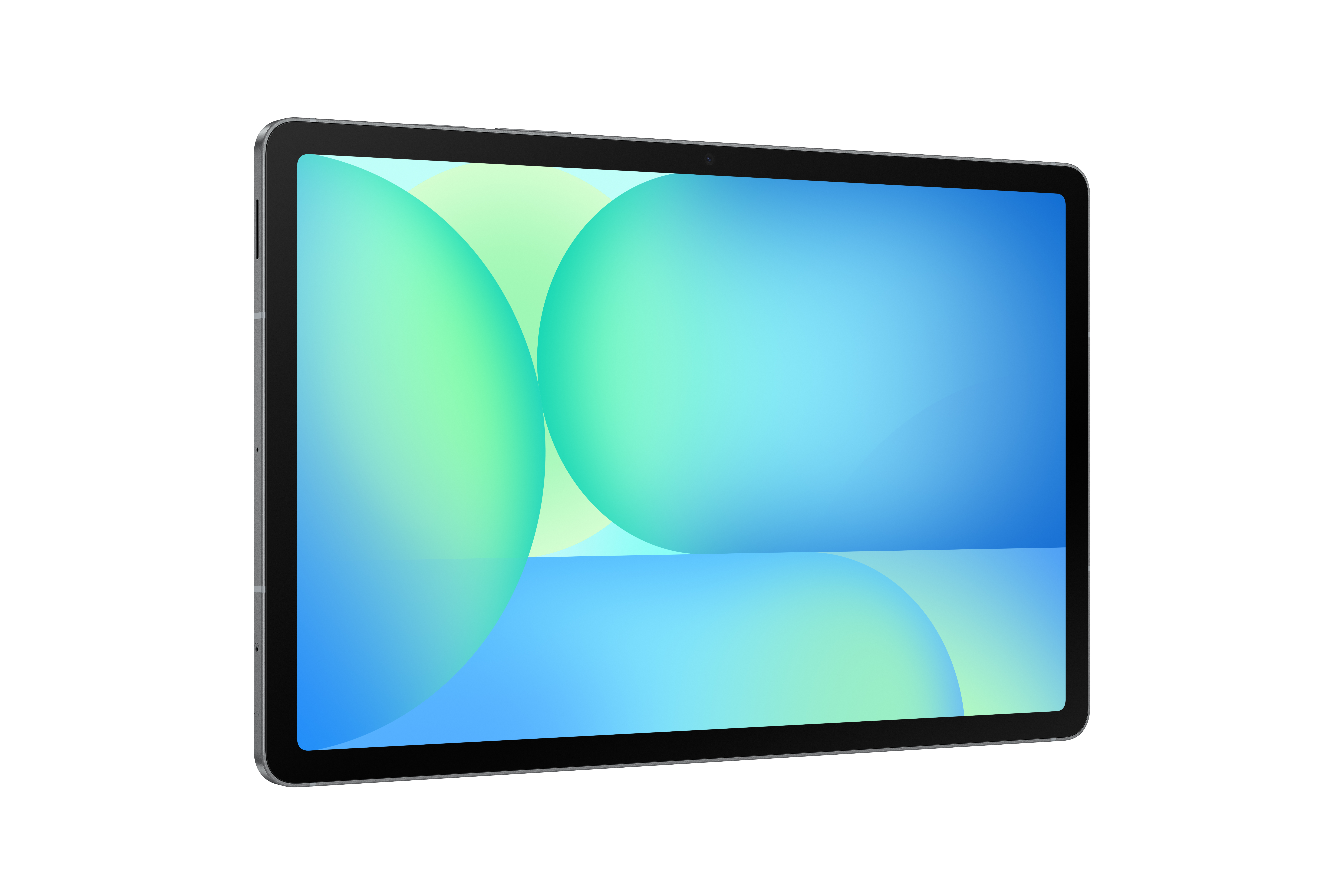 Tablet mit schwarzem Rahmen. Der Bildschirm zeigt ein blaues und grünes abstraktes Design.