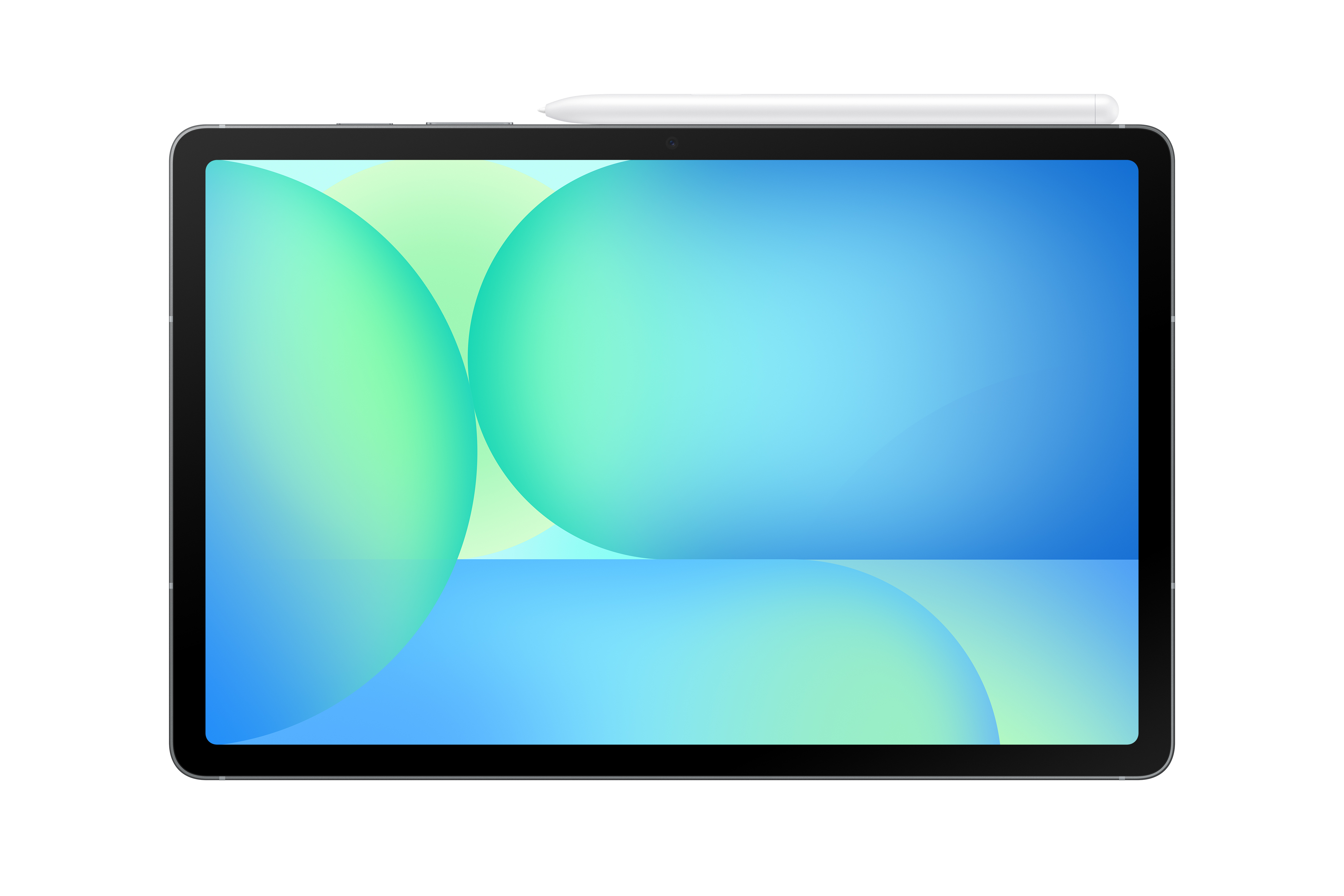Ein Tablet mit schwarzem Rahmen und einem weißen Stift oben, mit blauem und grünem Hintergrund.