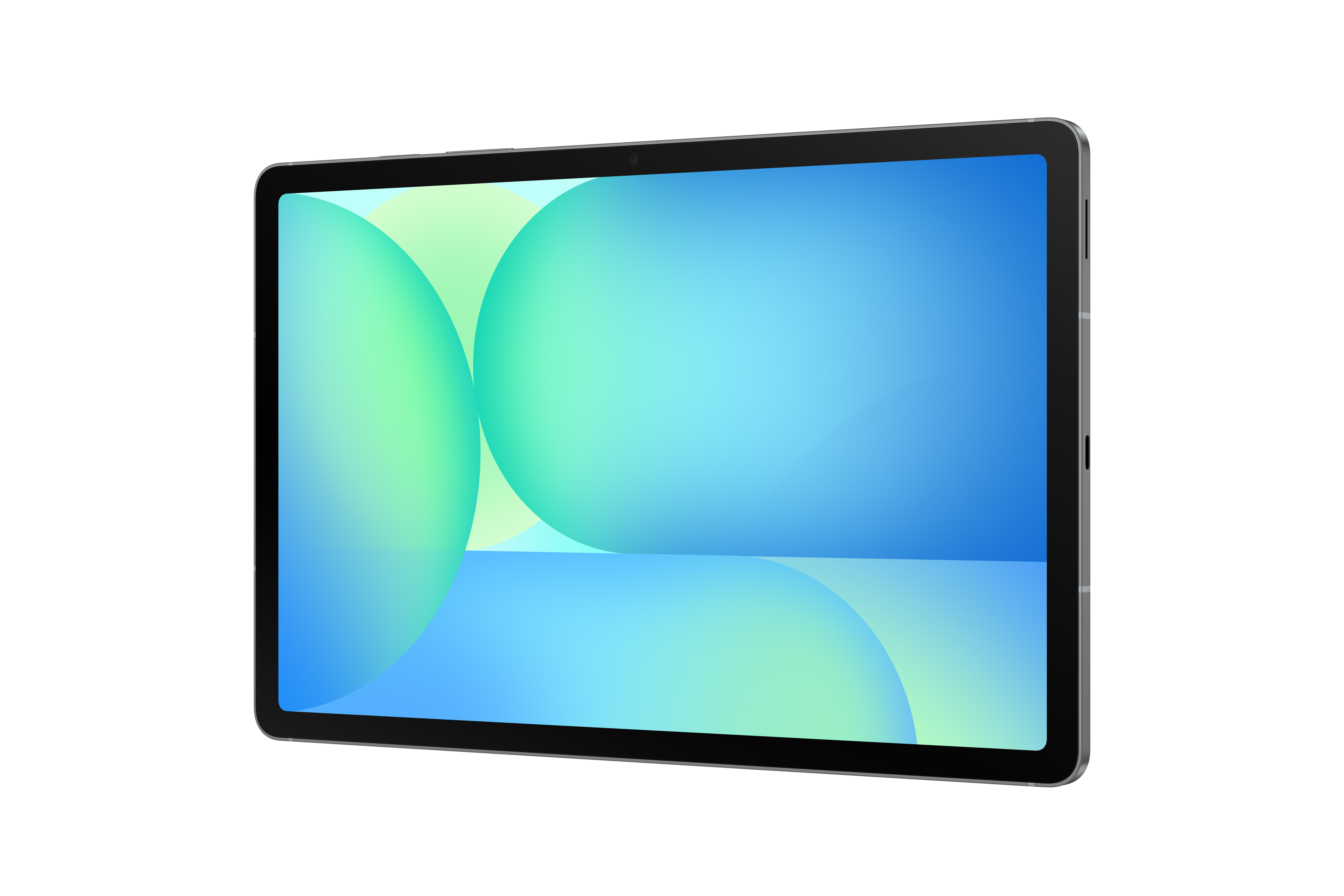 Ein Tablet mit blau-grünem, abstraktem Hintergrund, im Querformat, vor weißem Hintergrund.