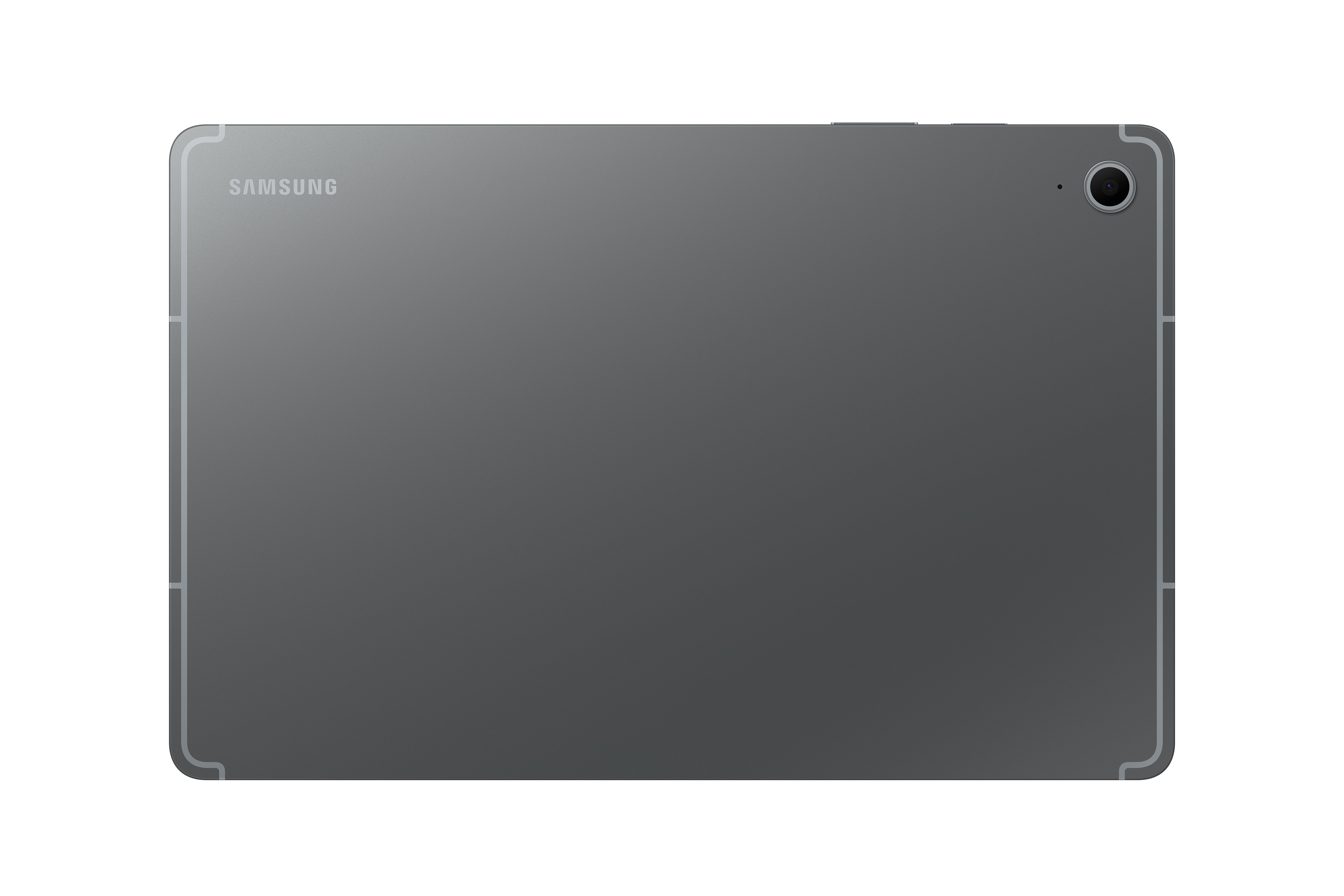Tablet Rückansicht: Grau, Samsung Logo, Kamera.