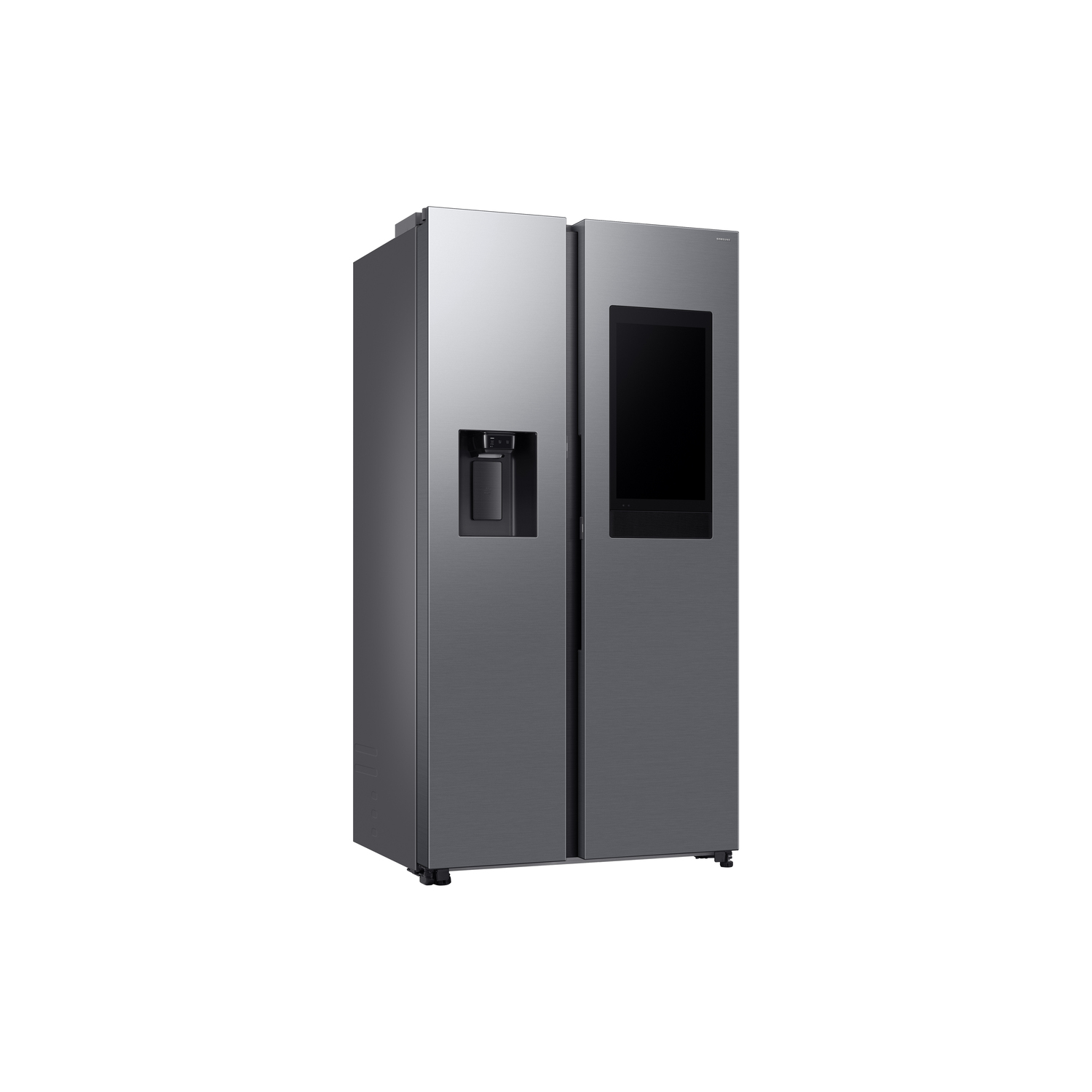 Een grijze side-by-side koelkast met een waterdispenser en een zwart scherm op de rechterdeur.