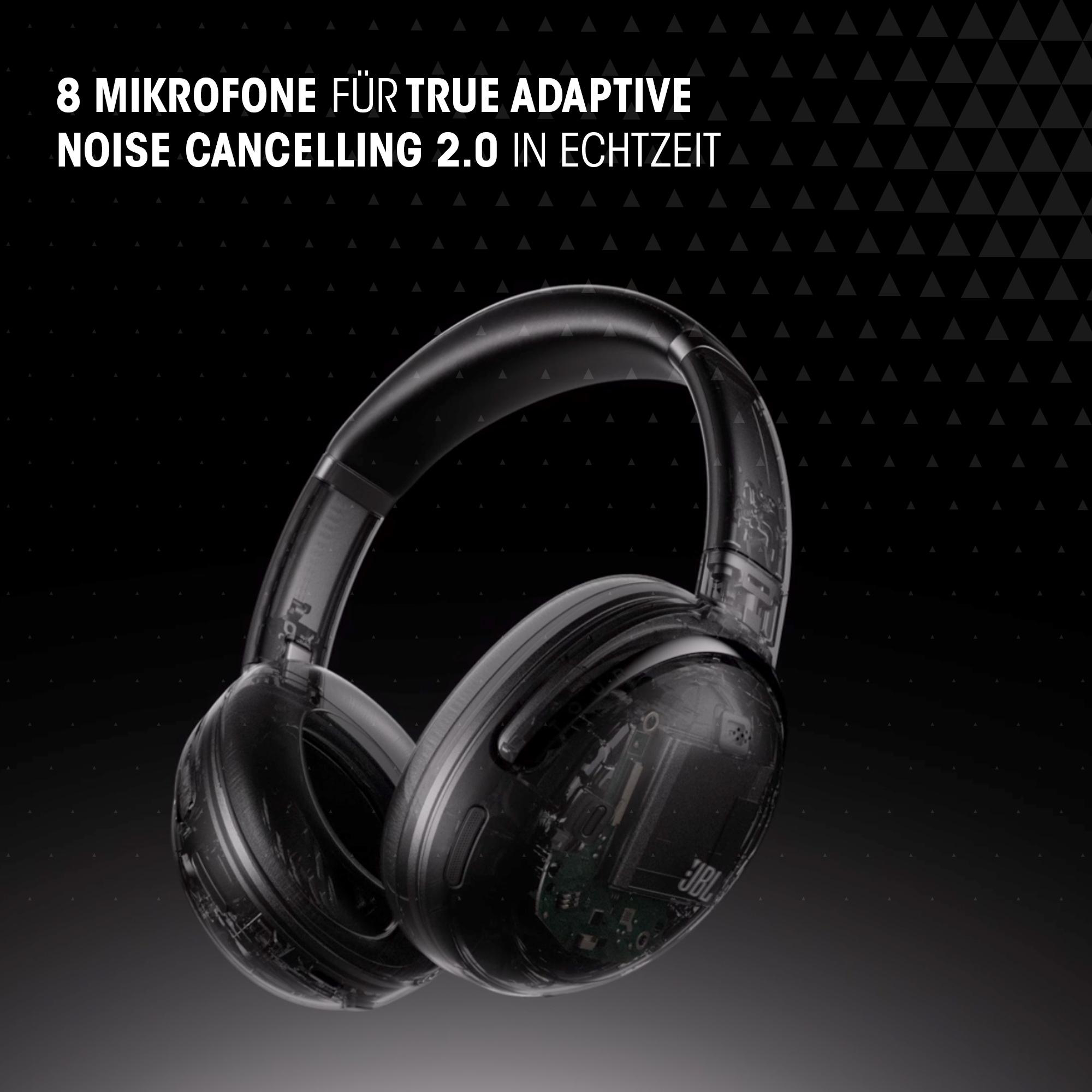 Ein transparentes Headset mit sichtbaren internen Komponenten, der Hintergrund ist schwarz mit weißem Text und Dreiecken.
