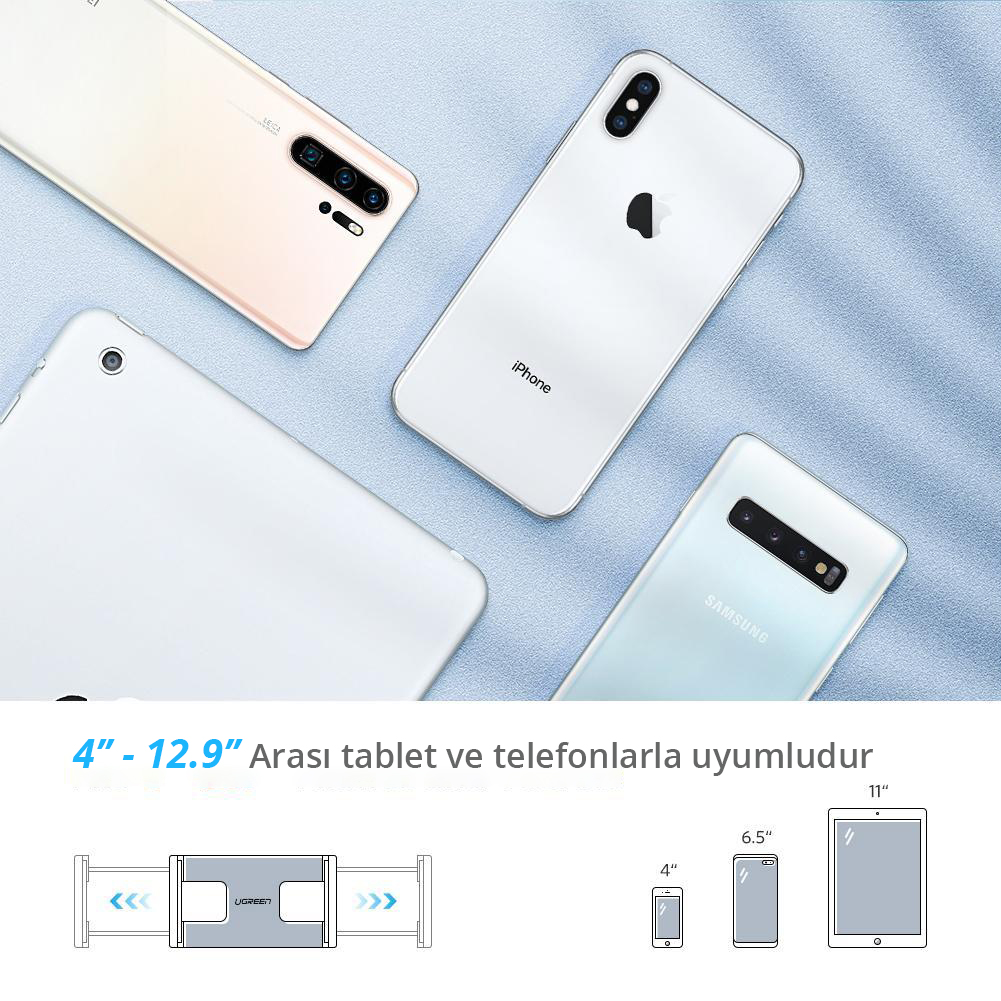 Dört akıllı telefon ve tablet, telefon tutucu ve boyut kılavuzu ile.