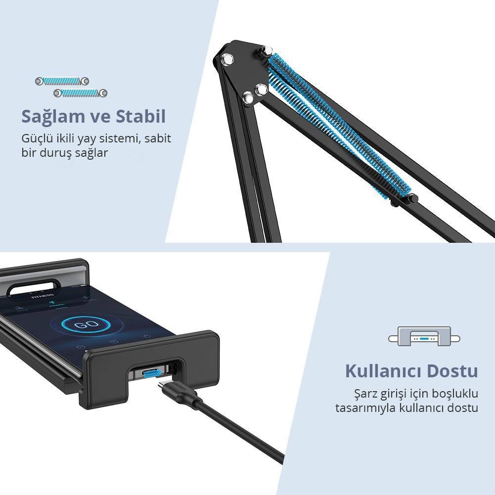 Telefon şarj eden bir stand ve istikrarlı ve kullanıcı dostu bir tasarım hakkında metin.