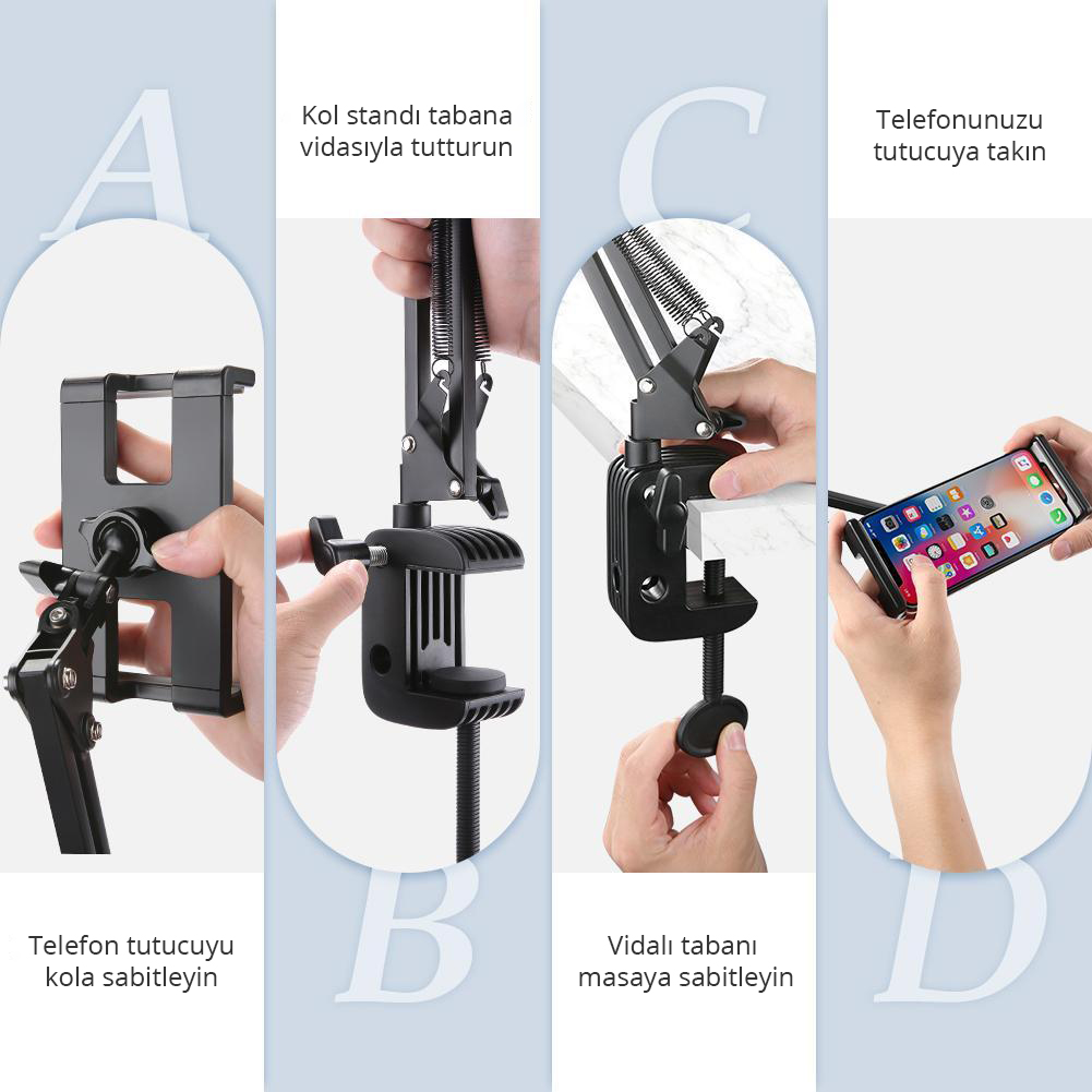 Bir telefon standının nasıl monte edileceğine dair talimatlar, farklı adımlar sırayla.
