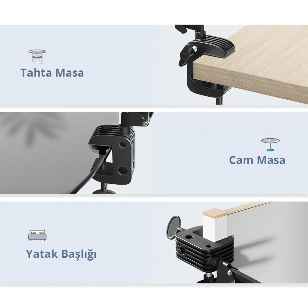 Ahşap ve cam yüzeyleri tutan kelepçeler, Türkçe metinle.