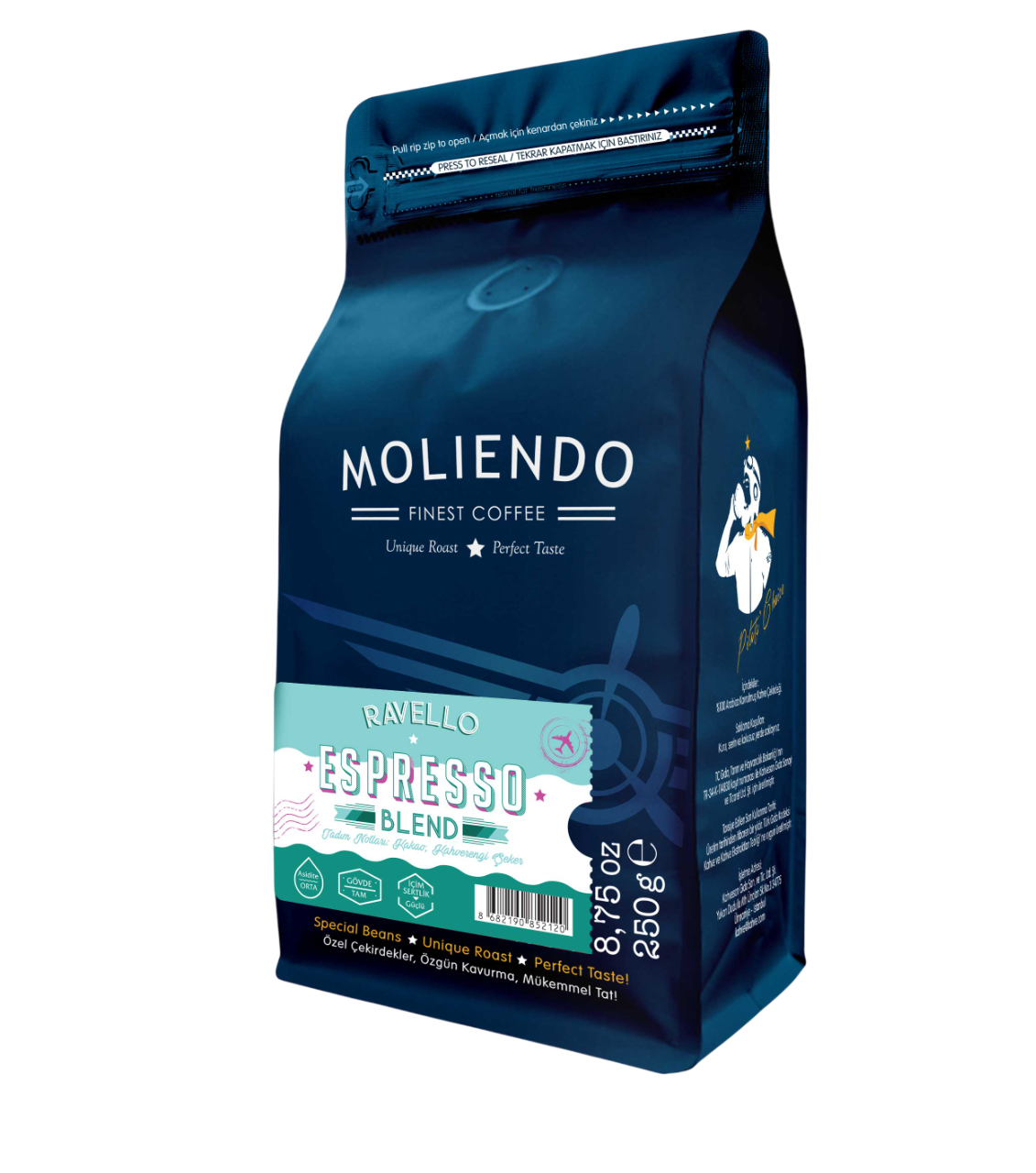 Moliendo espresso kahve çekirdeklerinin mavi torbası, metin, logo ve bir baristanın çizimiyle.