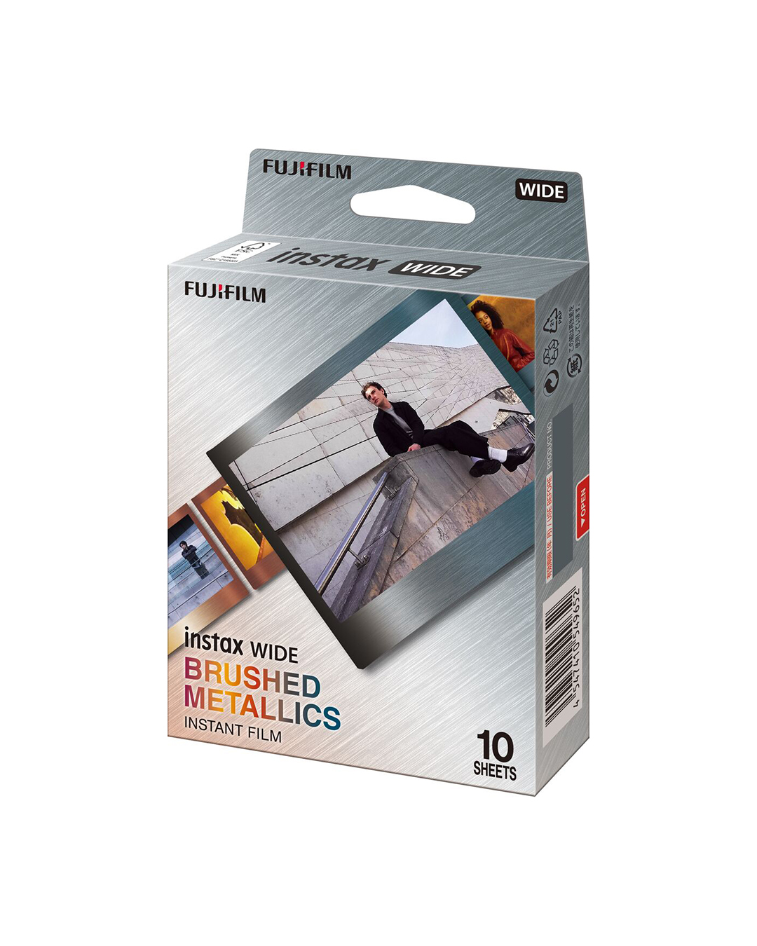 Fujifilm instax geniş fırçalanmış metalik anında film kutusu. Kutu resimleri ve metni gösterir.