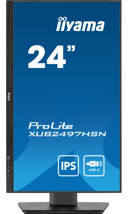 Monitor komputerowy z niebieskim wyświetlaczem i marką iiyama. Posiada podstawę.