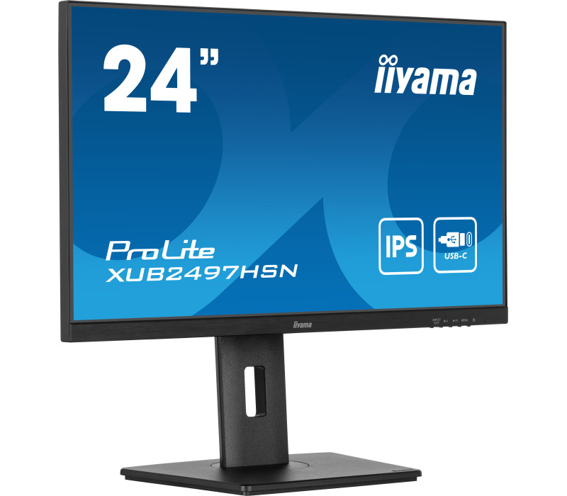24-calowy monitor Iiyama ProLite z panelem IPS, portem USB-C i czarną podstawą, wyświetlający niebieski ekran.