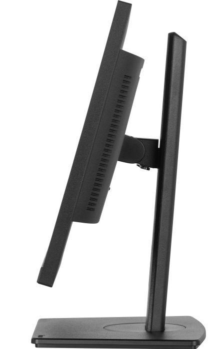 Widok z boku czarnego monitora komputera na stojaku, białe tło.