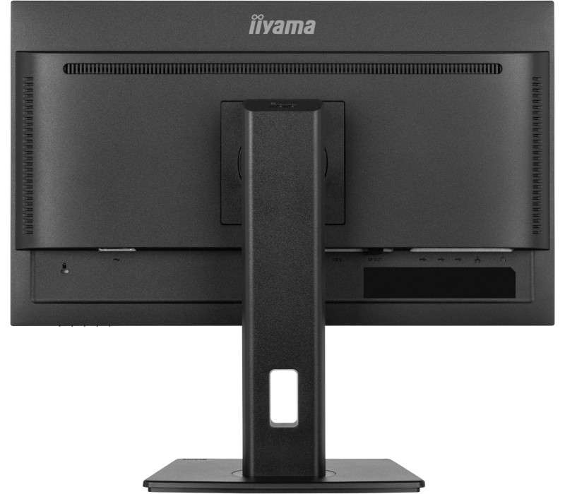 Widok z tyłu czarnego monitora Iiyama, pokazujący porty i stojak.