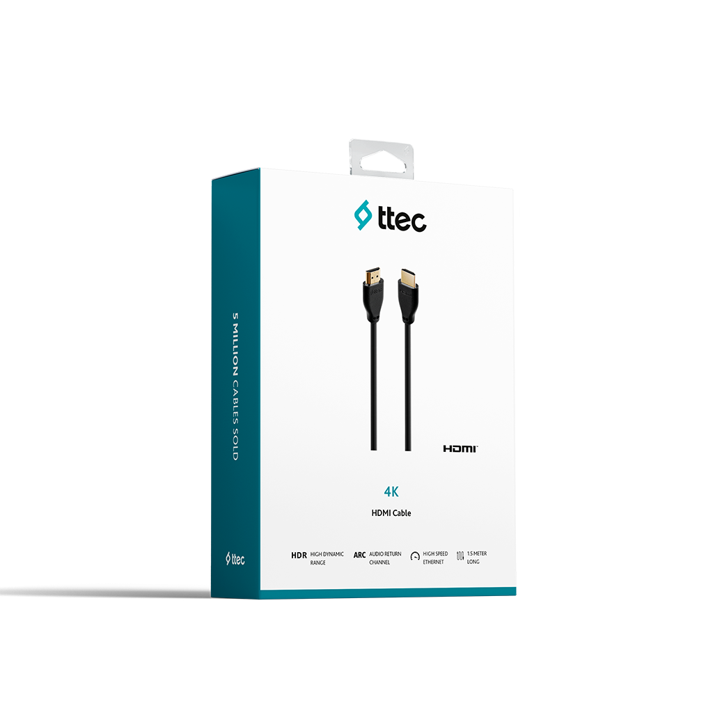 İçinde siyah bir HDMI kablosu bulunan beyaz bir kutu. 'ttec' marka adı ve '4K HDMI Cable' yazısı var.