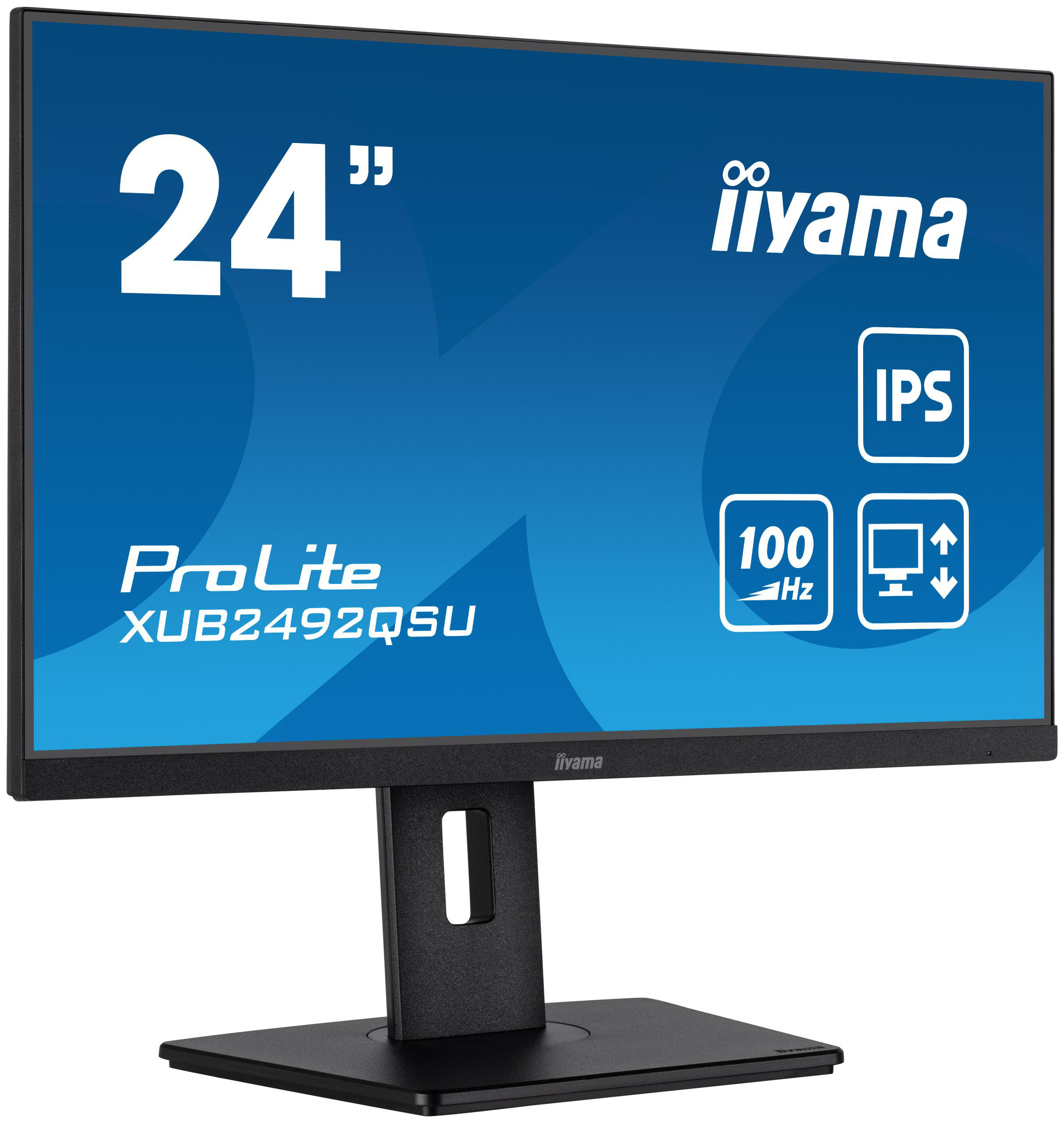 24-Zoll-Computermonitor mit IPS-Display und Spezifikationen. Schwarzer Standfuß.