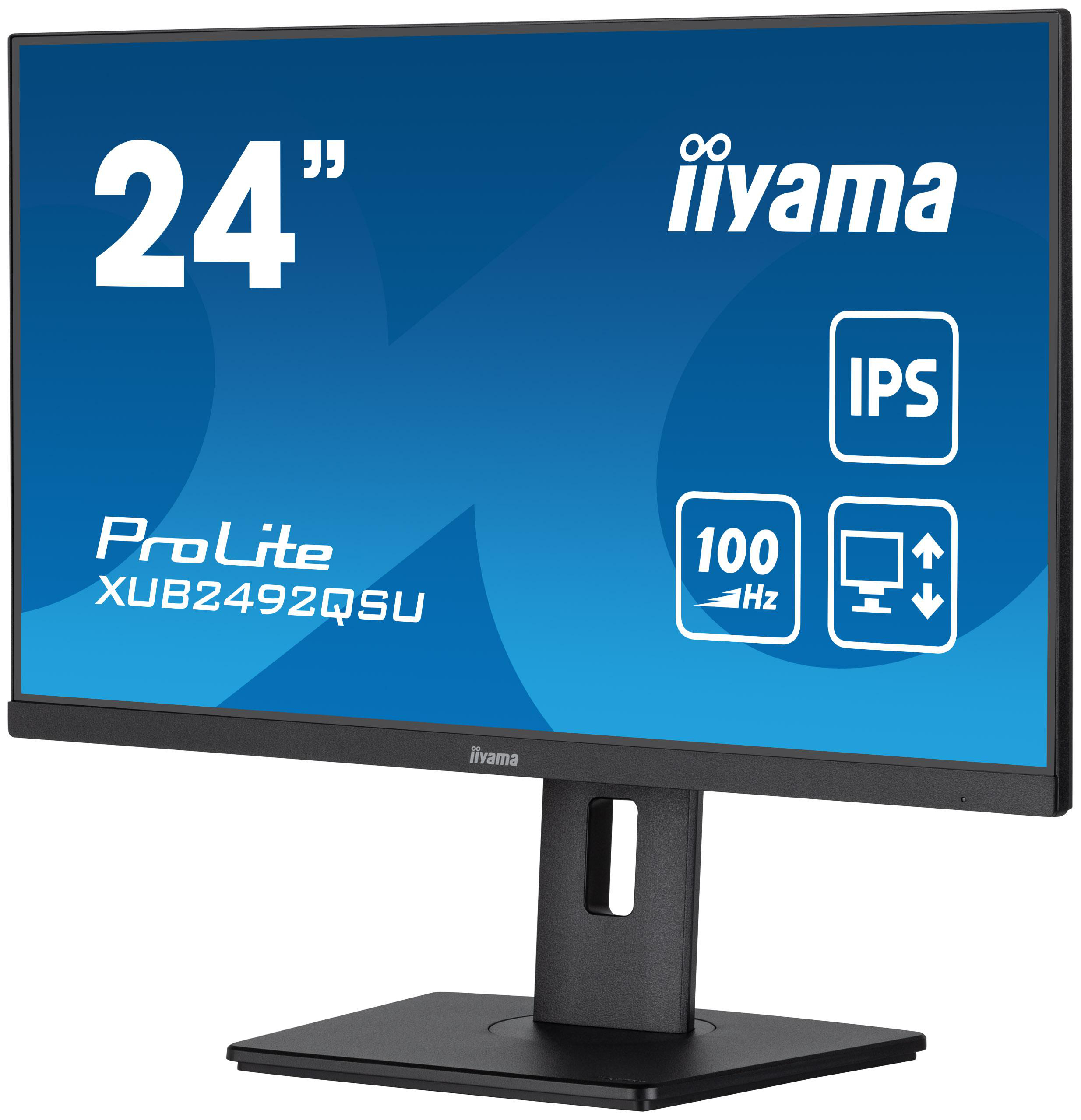 24-Zoll-Computerbildschirm in Schwarz mit blauem Bildschirm, zeigt iiyama-Logo und Spezifikationen.
