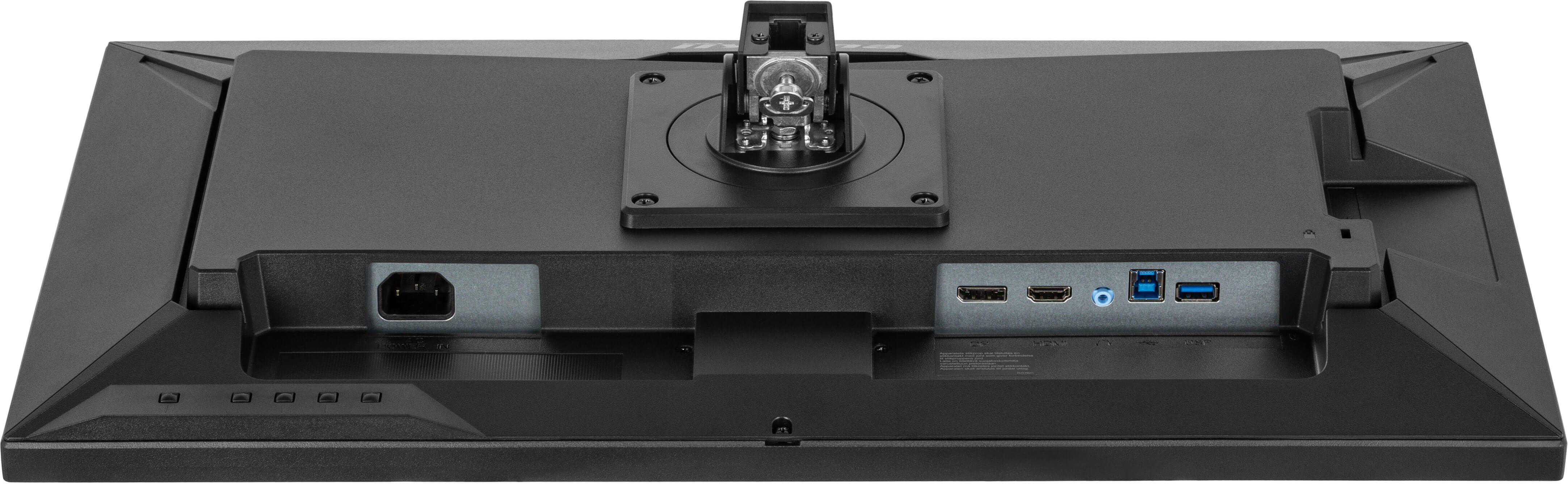 Rückansicht eines schwarzen Computermonitors mit Anschlüssen.