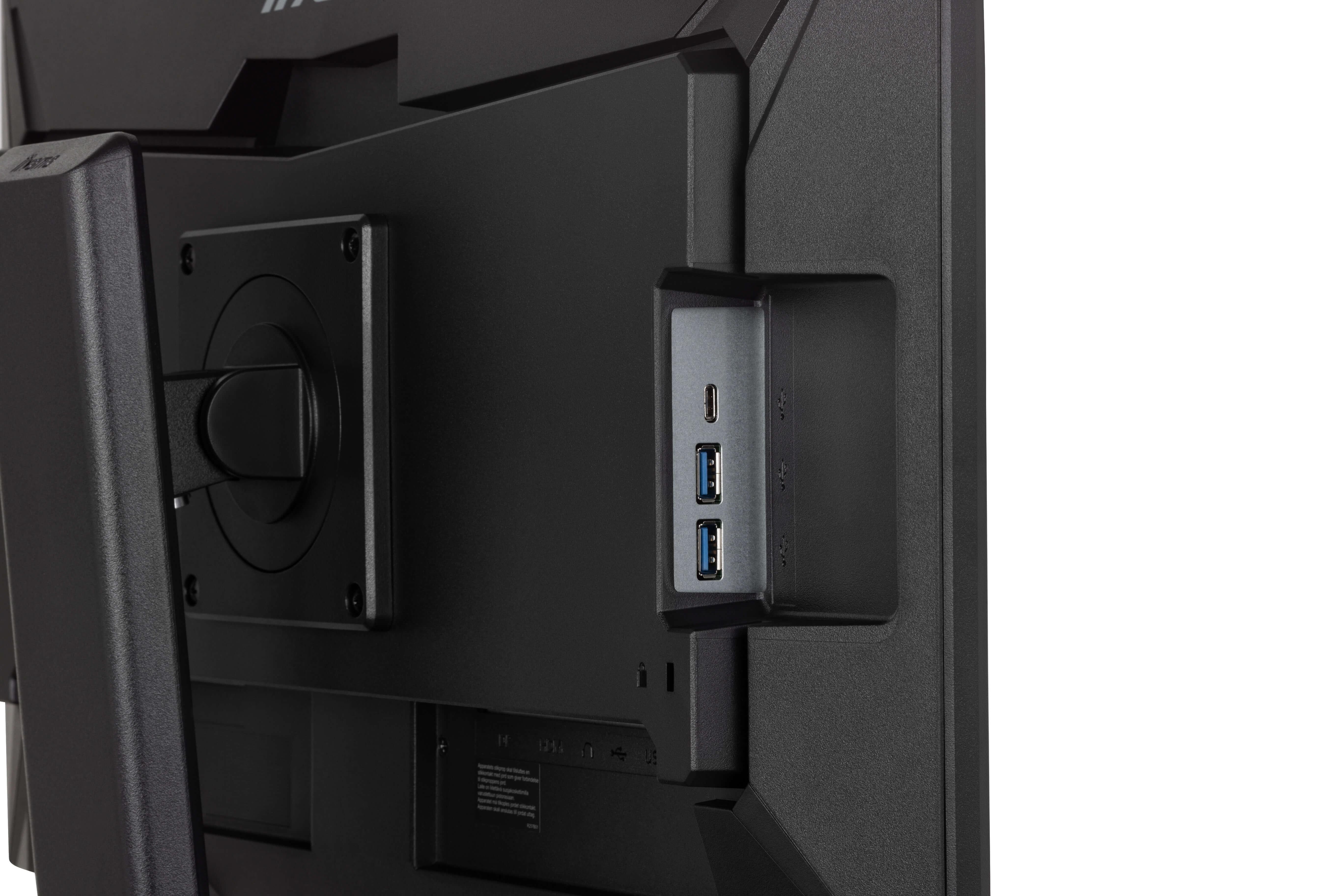 Nahaufnahme der Seite eines schwarzen Computermonitors mit Anschlüssen.
