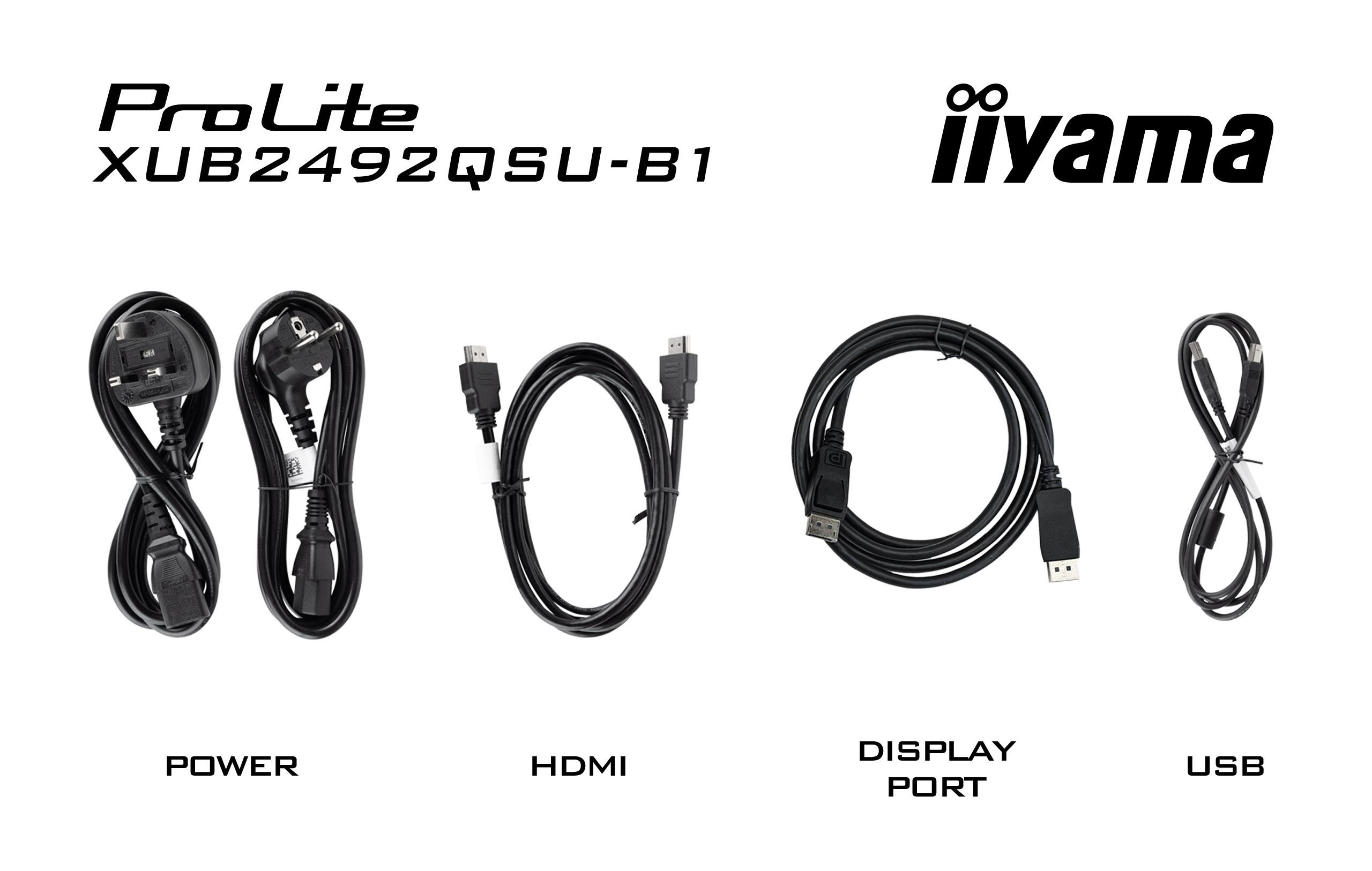 Verschiedene Kabel für einen Monitor werden angezeigt. Strom-, HDMI-, DisplayPort- und USB-Kabel sind zu sehen.