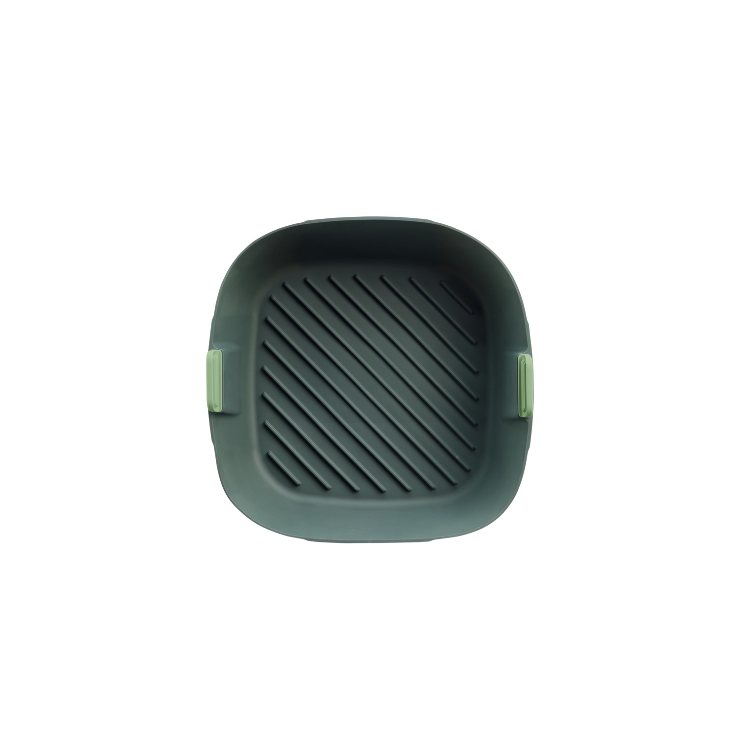 A dark gray grill pan with green handles on a white background.