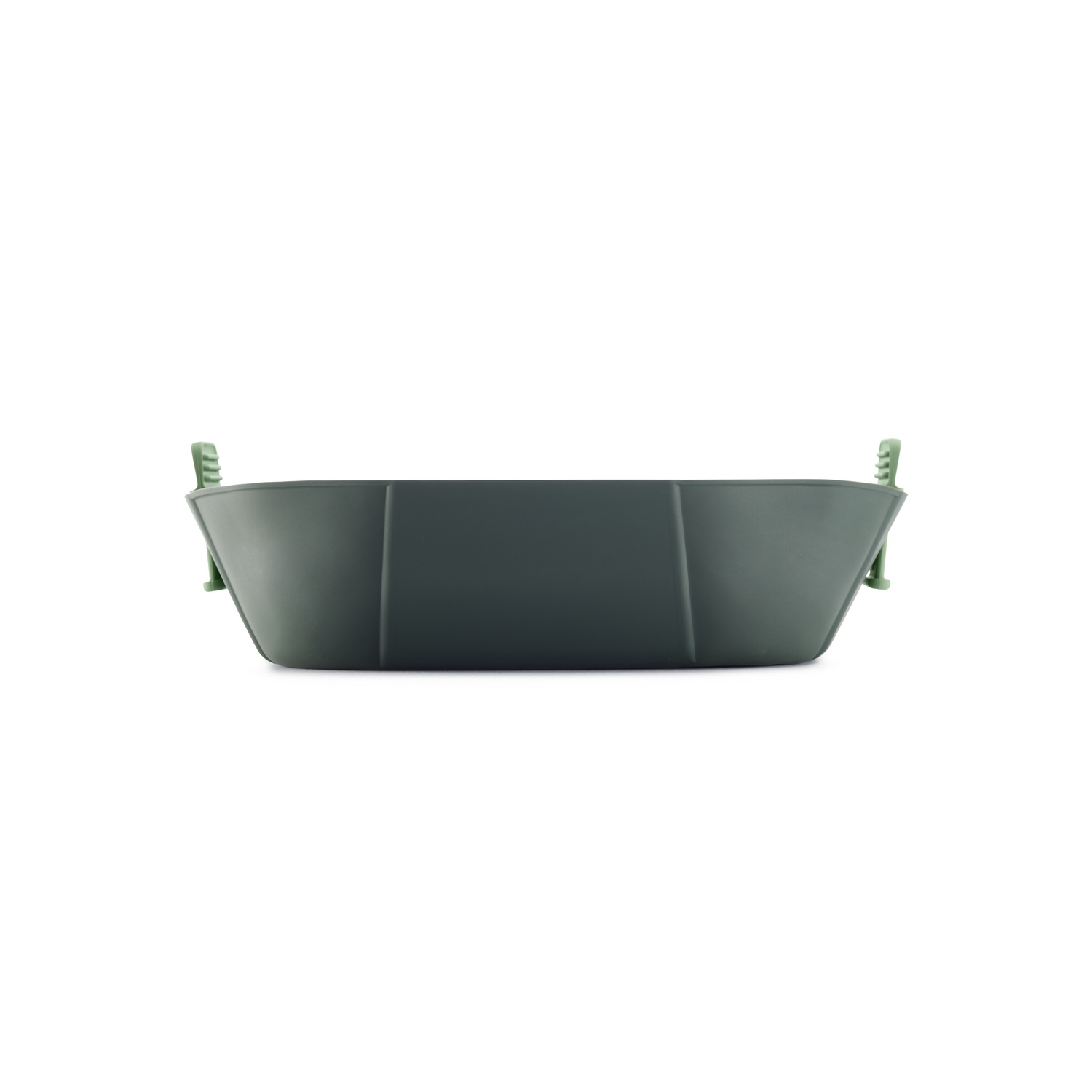 Dark green plastic container with a rectangular shape.