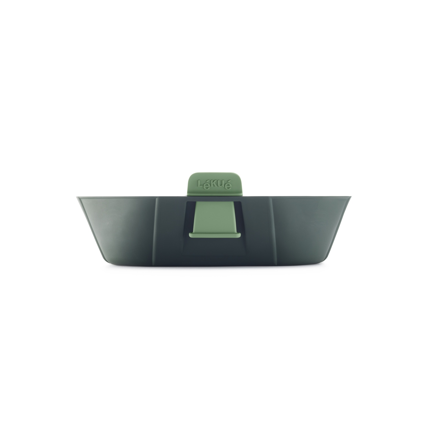 Dark green plastic container with an attached green handle.