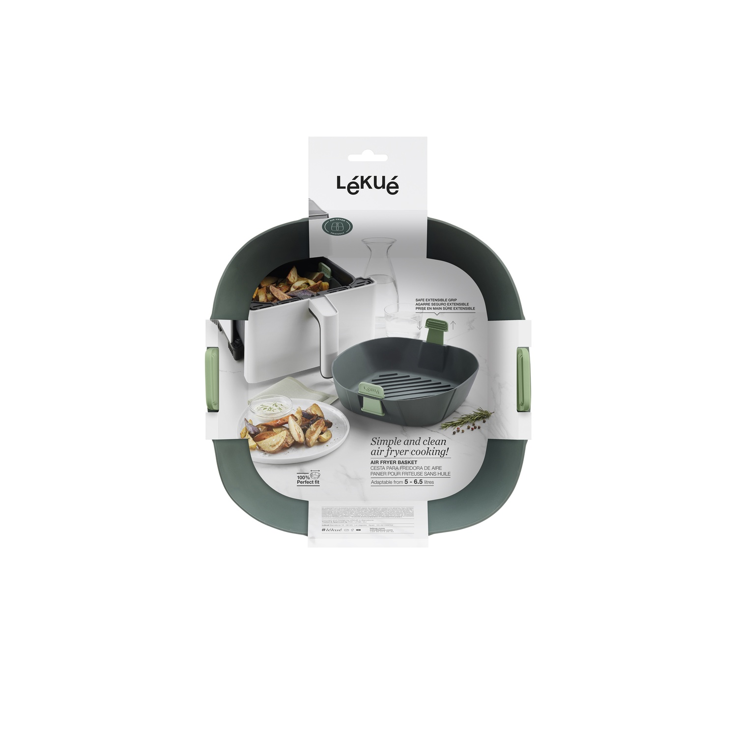 A green air fryer accessory with a white and green air fryer on the left.