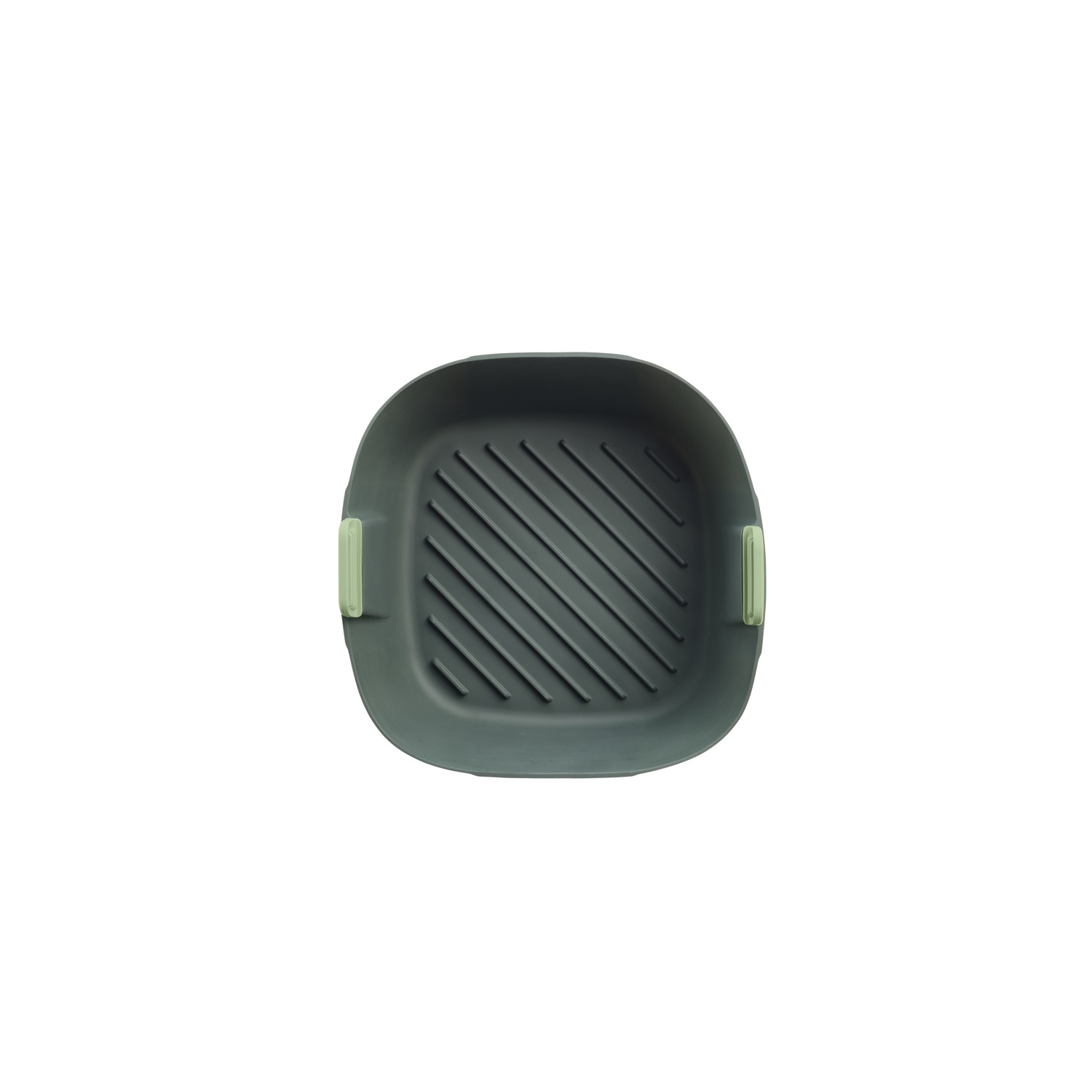 Gray grill pan with green handles, isolated on white background.