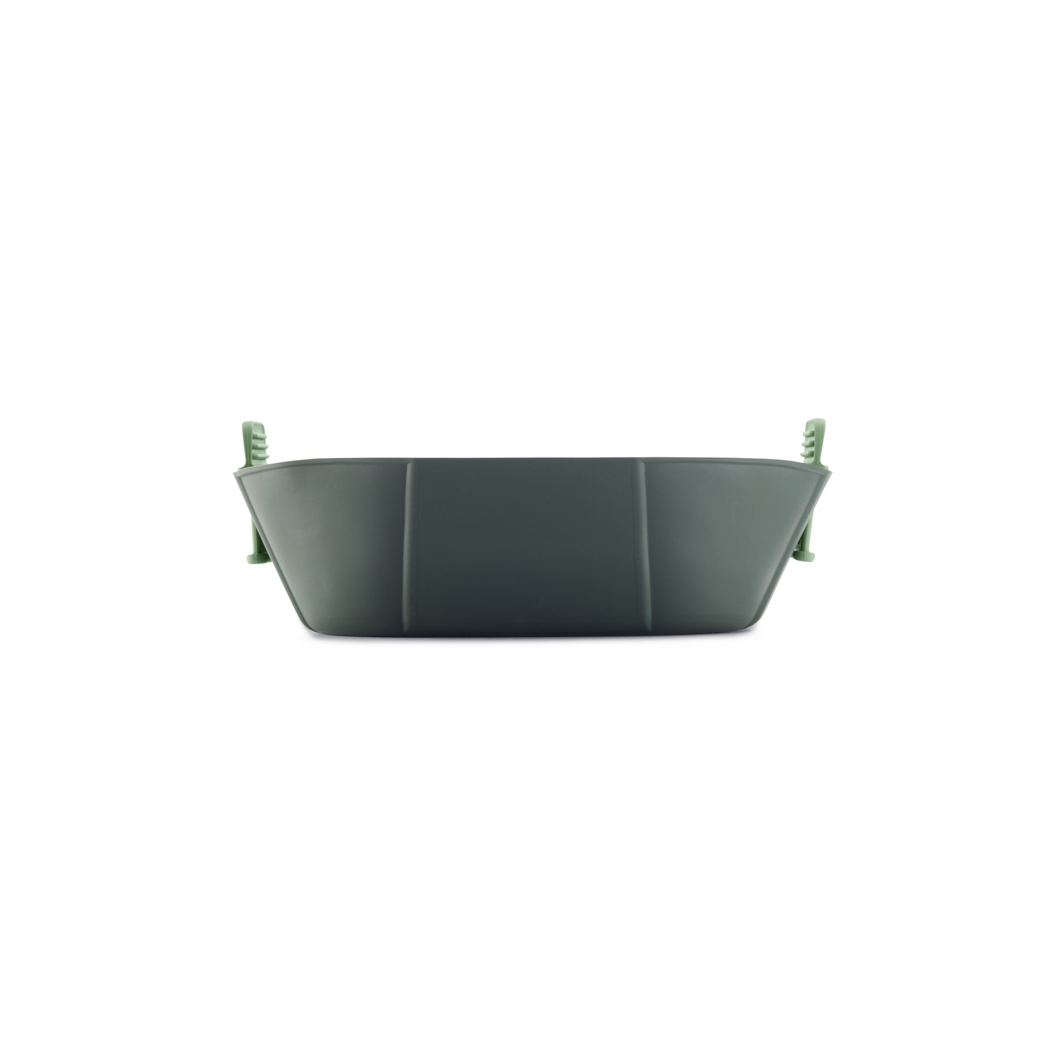A dark green plastic planter, side view, with support clips.
