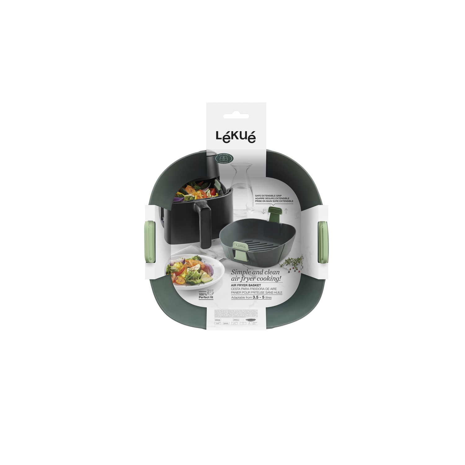 A Lekué air fryer gadget with instructions on the packaging. It is dark green and square.