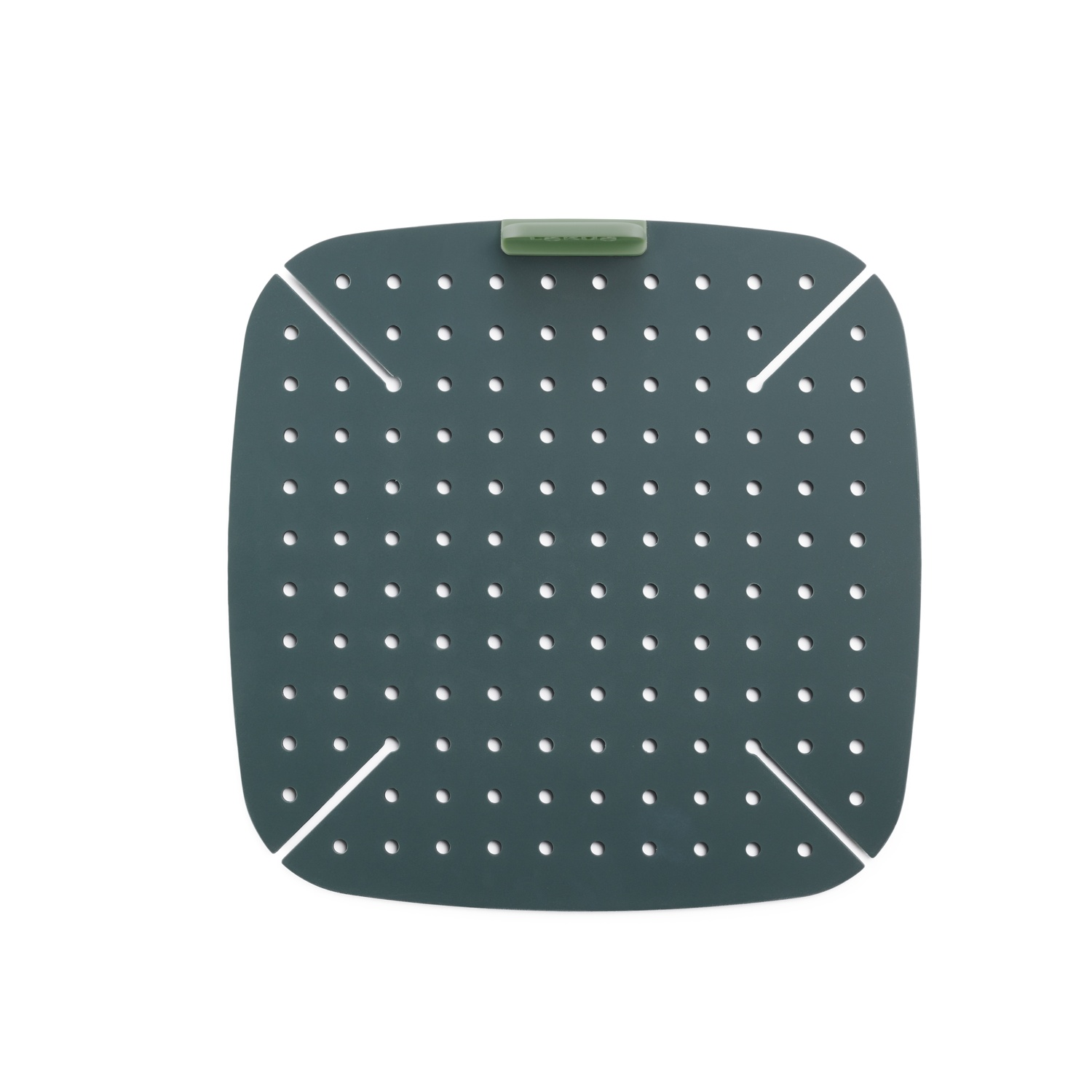 Dark green square drain cover with many holes and a green handle, white background, close-up shot.