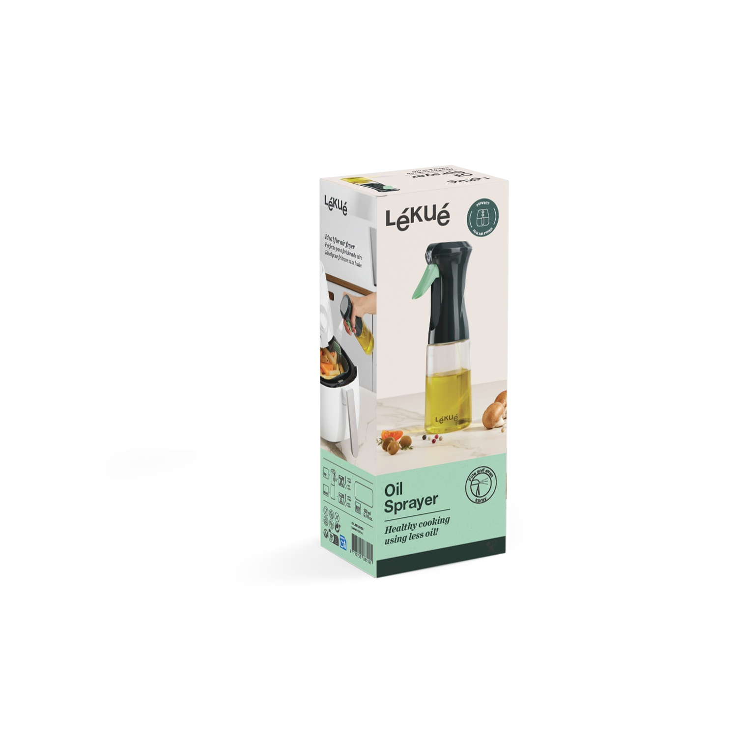 Lékué oil sprayer box. It shows the sprayer, oil, and instructions for healthy cooking.