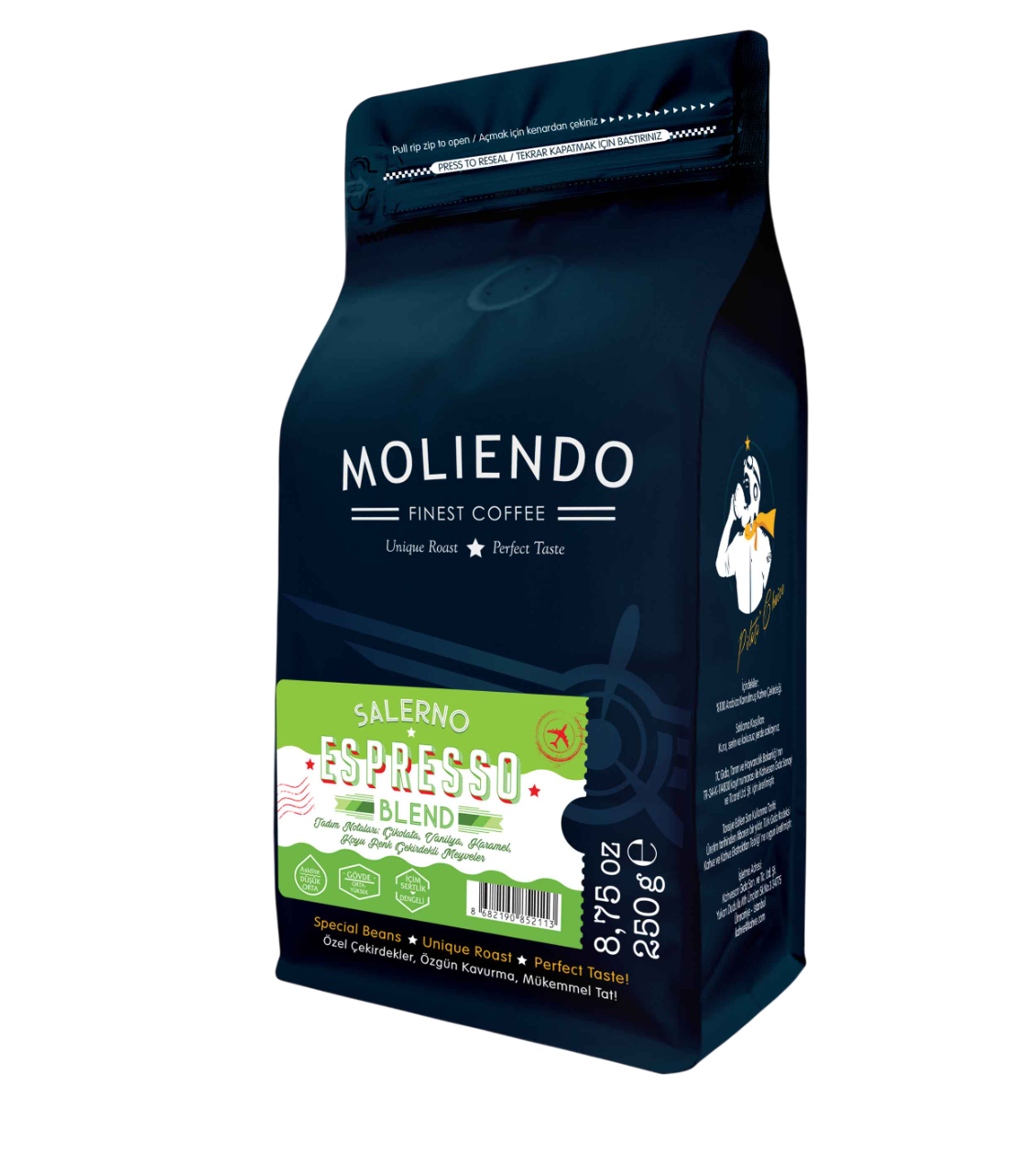 Molienndo Salerno Espresso kahve poşeti. Poşet mavi.