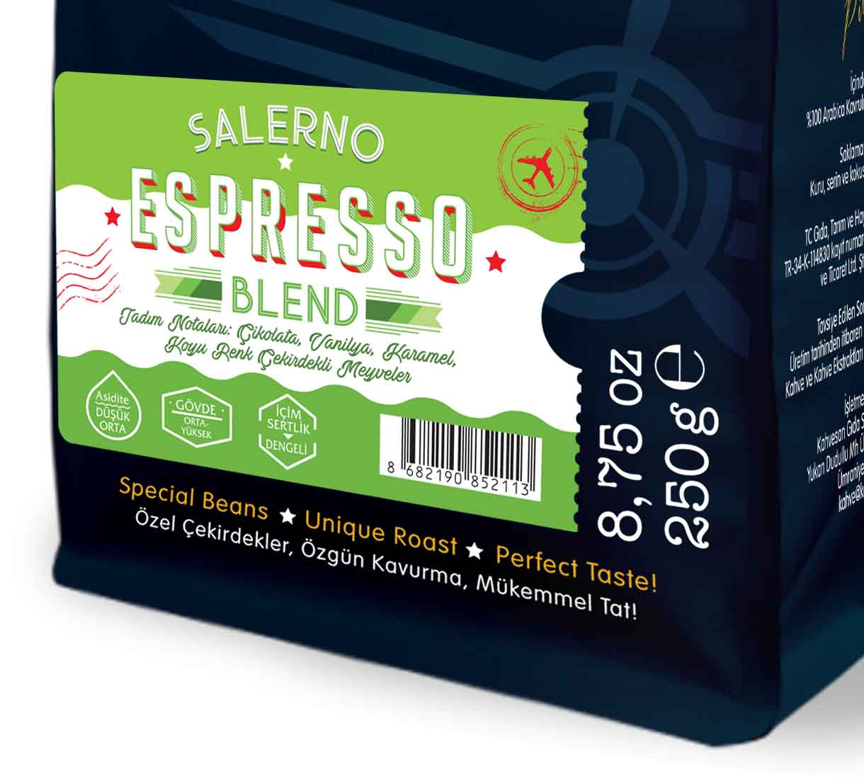'Espresso Blend' etiketli bir torba kahve çekirdeği, tadım notları ve bir logoyla.