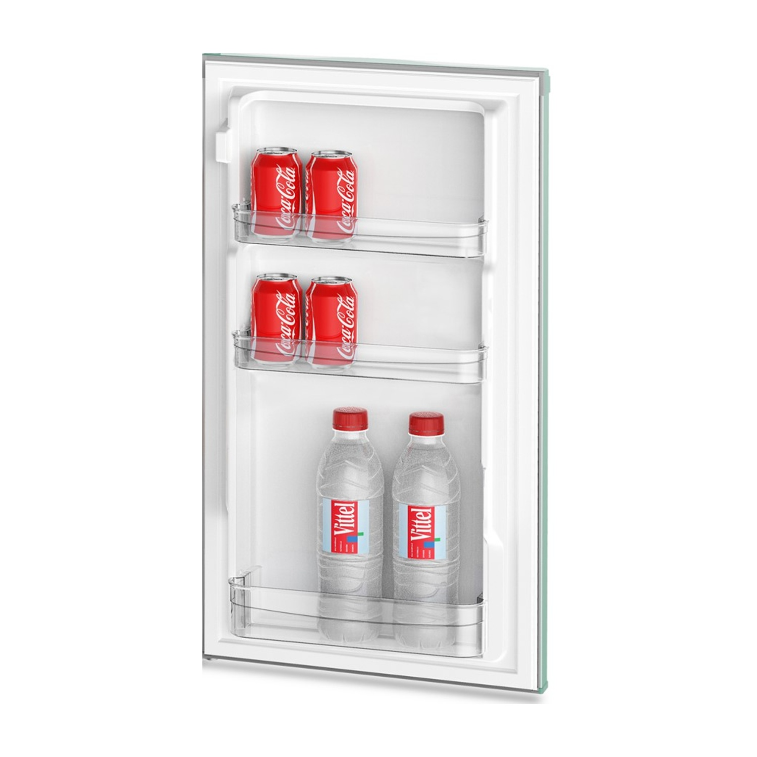 Mini frigo con lattine rosse di Coca-Cola e bottiglie d'acqua Vittel all'interno.